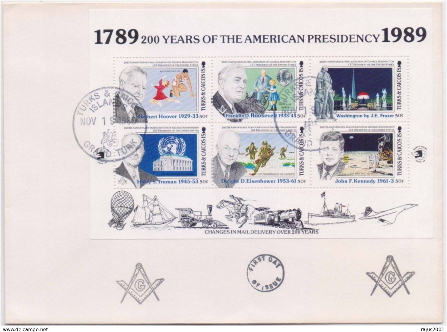 Harry S. Truman, John F. Kennedy, Roosevelt, Belton Lodge No 450, Freemasonry, Masonic, Turks & Caicos Full Sheet Cover - Freimaurerei