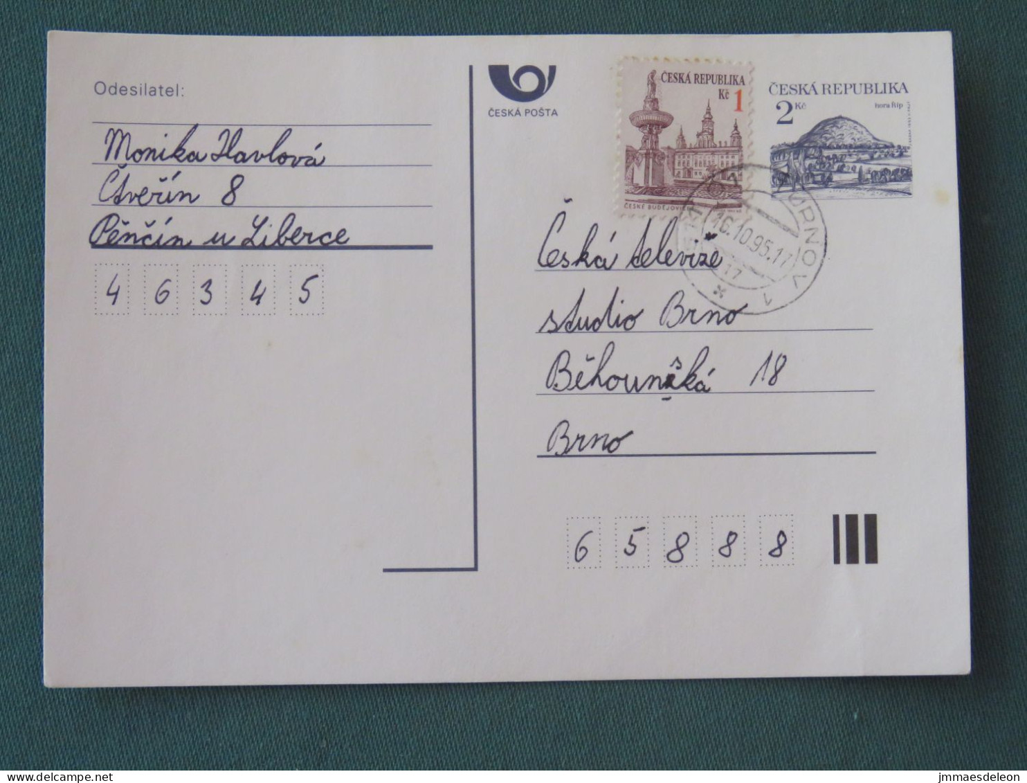 Czech Republic 1995 Stationery Postcard Hora Rip Mountain Sent Locally - Storia Postale