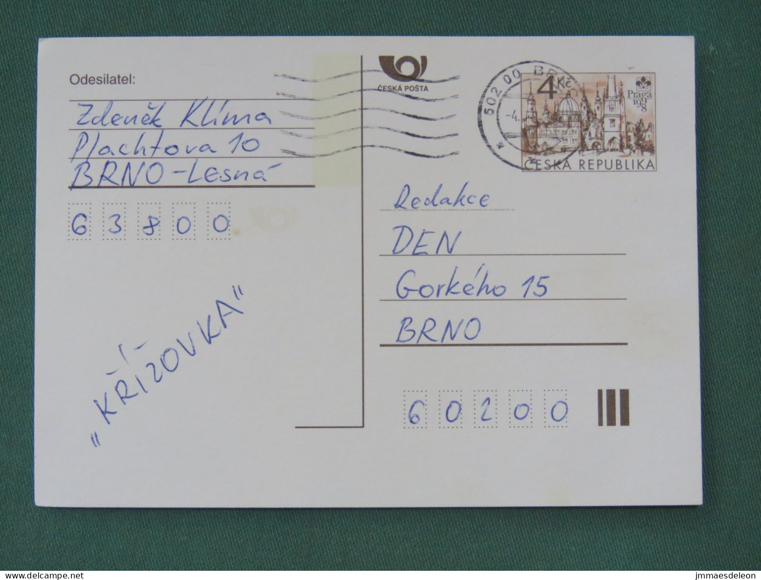 Czech Republic 1997 Stationery Postcard 4 Kcs "Prague 1998" Sent Locally - Brieven En Documenten