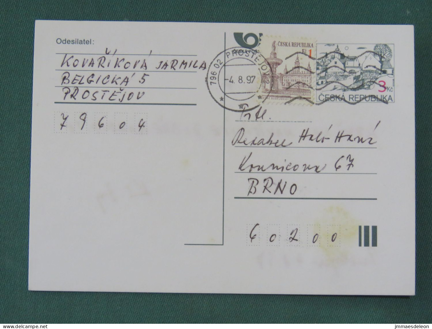 Czech Republic 1997 Stationery Postcard 3 + 1 Kcs Sent Locally - Lettres & Documents