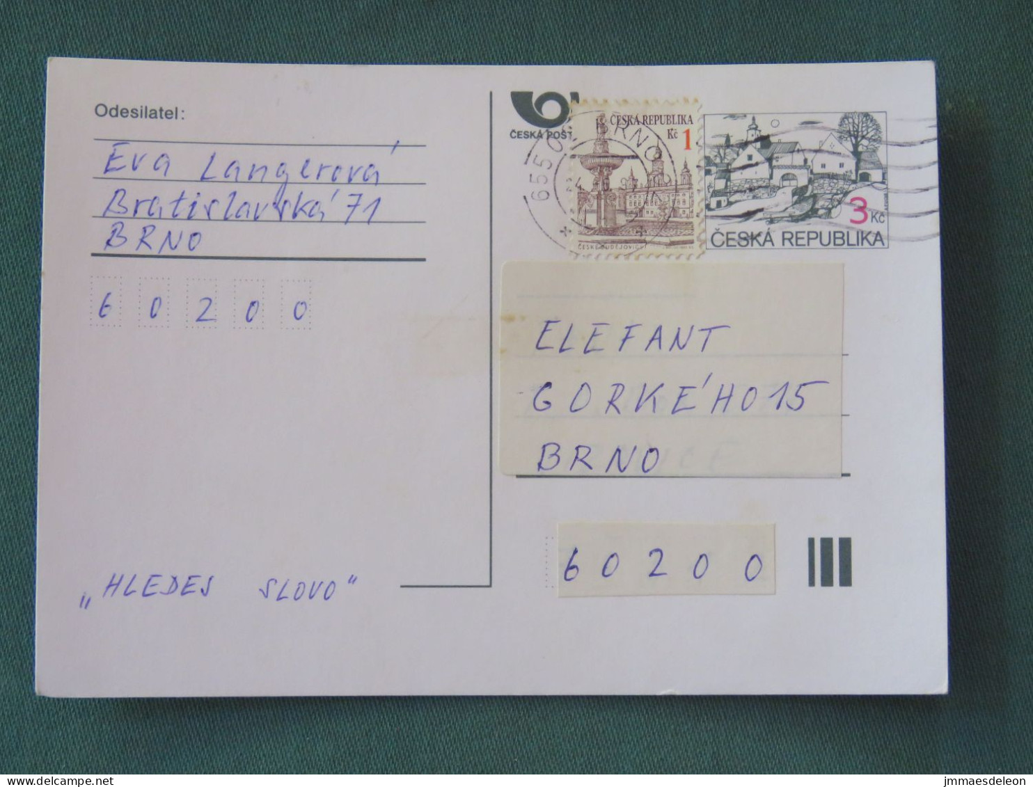 Czech Republic 1997 Stationery Postcard 3 + 1 Kcs Sent Locally - Covers & Documents