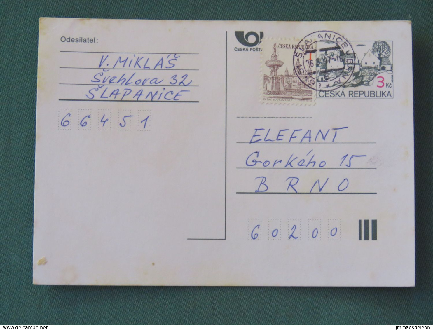 Czech Republic 1997 Stationery Postcard 3 + 1 Kcs Sent Locally - Lettres & Documents