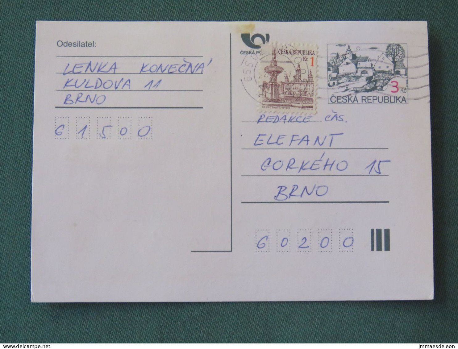 Czech Republic 1997 Stationery Postcard 3 + 1 Kcs Sent Locally - Covers & Documents