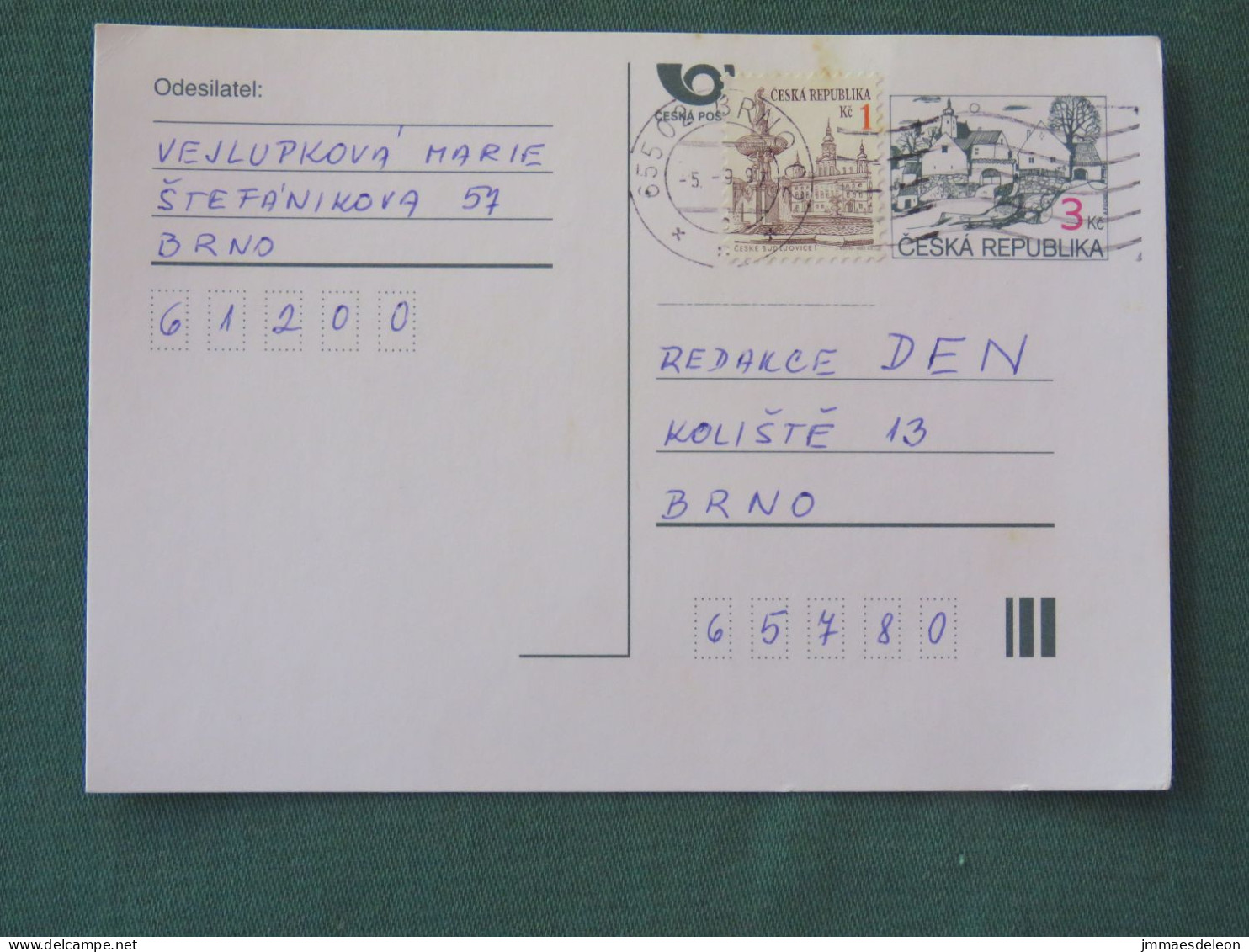 Czech Republic 1997 Stationery Postcard 3 + 1 Kcs Sent Locally - Lettres & Documents