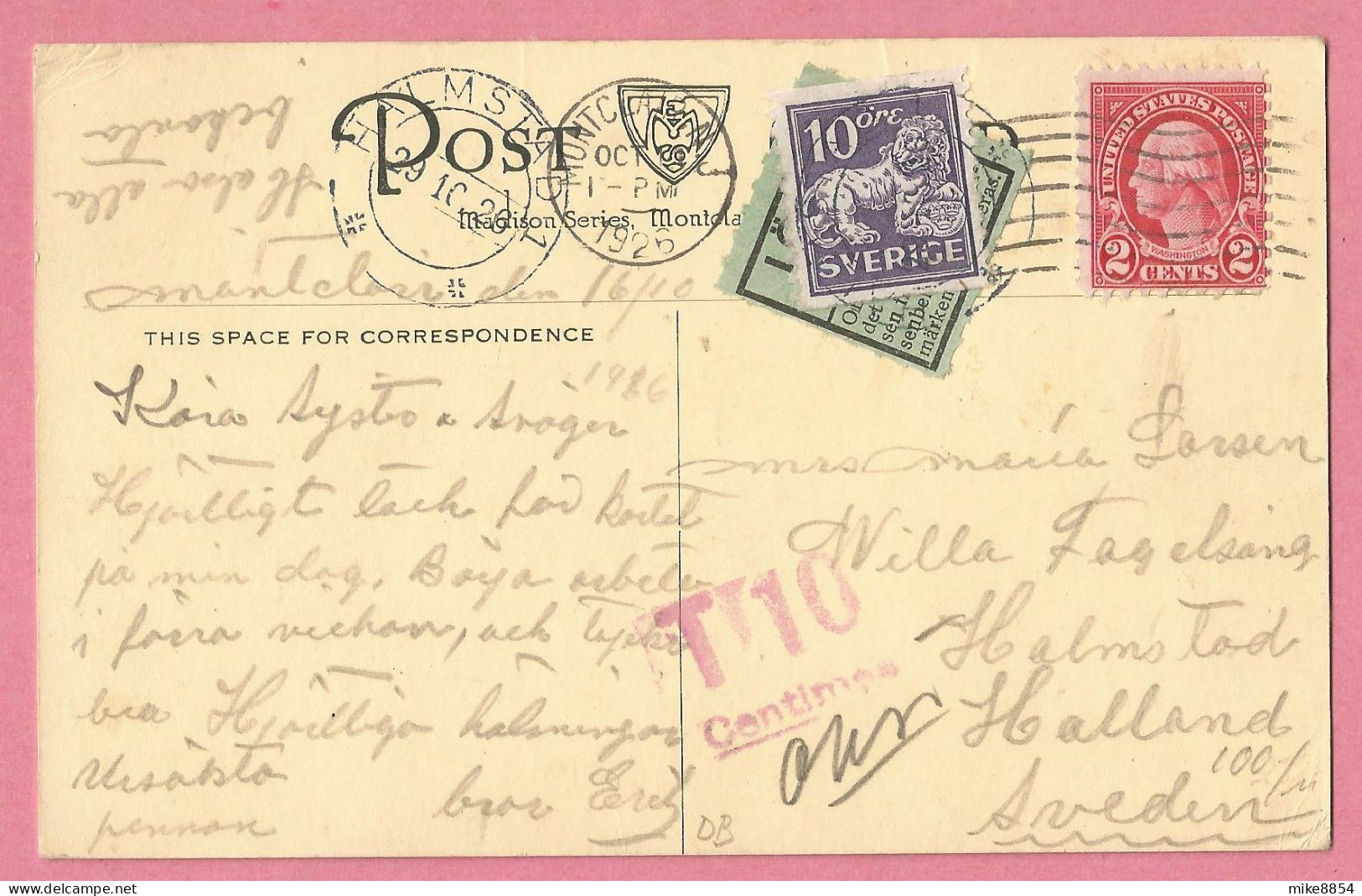 SAS1395  Post Card  HOTEL MONTCLAIR (New Jersey)  ------> SWEDEN   Taxe 10 Centimes  +++++ - Altri & Non Classificati