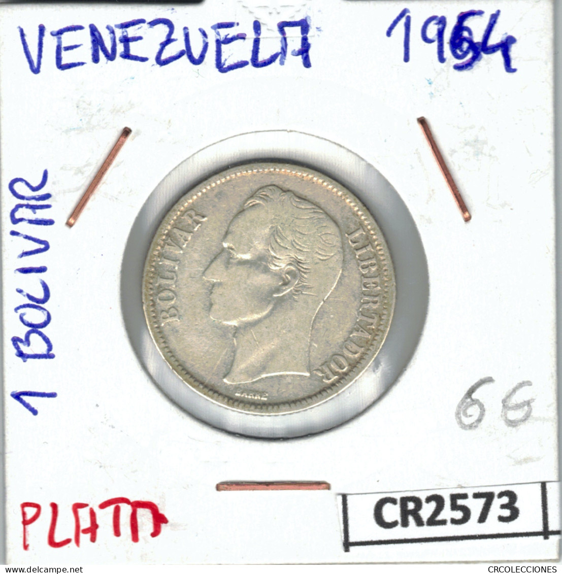 CR2573 MONEDA 1 BOLIVAR VENEZUELA PLATA 1954 - Sonstige – Amerika