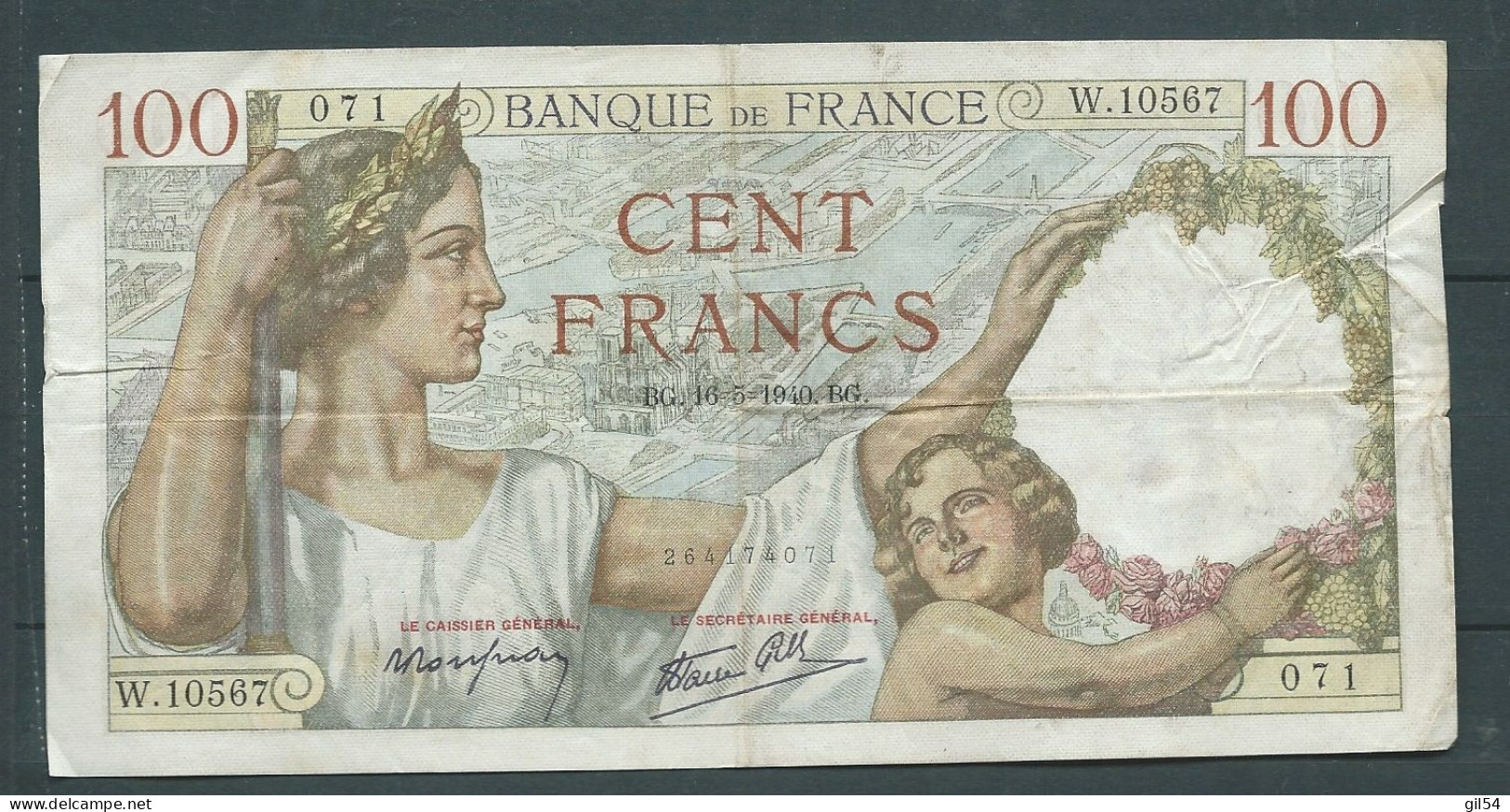 France Billet 100 Francs SULLY 6 BG.16/5/1940.BG W.10567 071 Pas D'épinglage Mais Plis Marqué    - Laura 55 21 - 100 F 1939-1942 ''Sully''