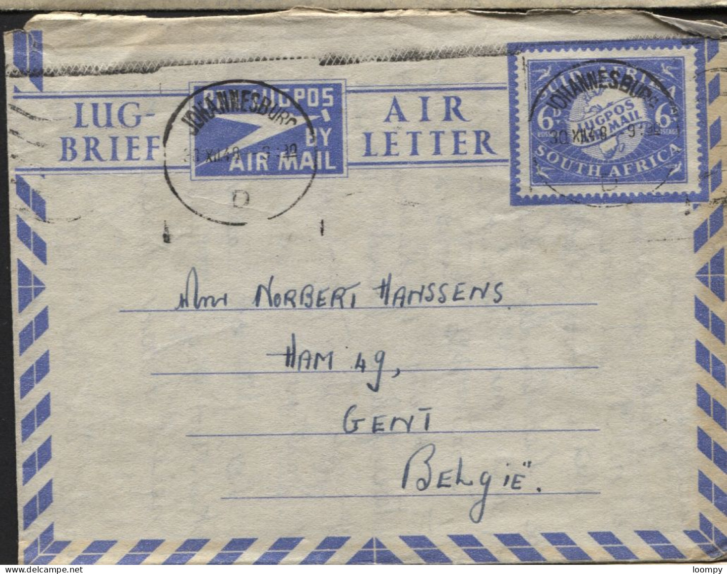 SOUTH AFRICA - Aerogram Air Mail Stationery Cover To Belgium 1948 (x674) - Airmail