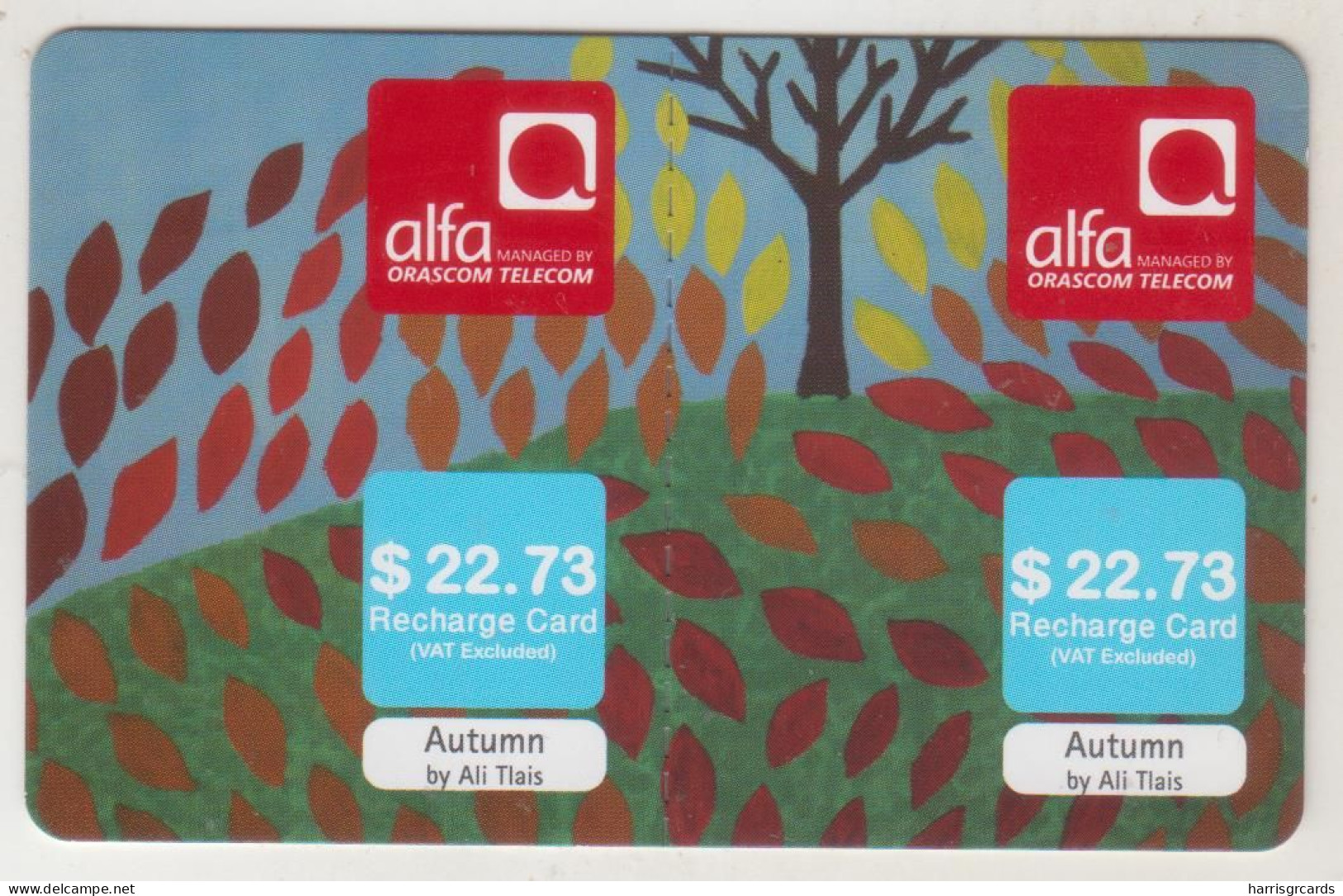 LEBANON - Autumn (Half Size X2) , Alfa Recharge Card 22.73$, Exp.date 15/11/14, Used - Liban