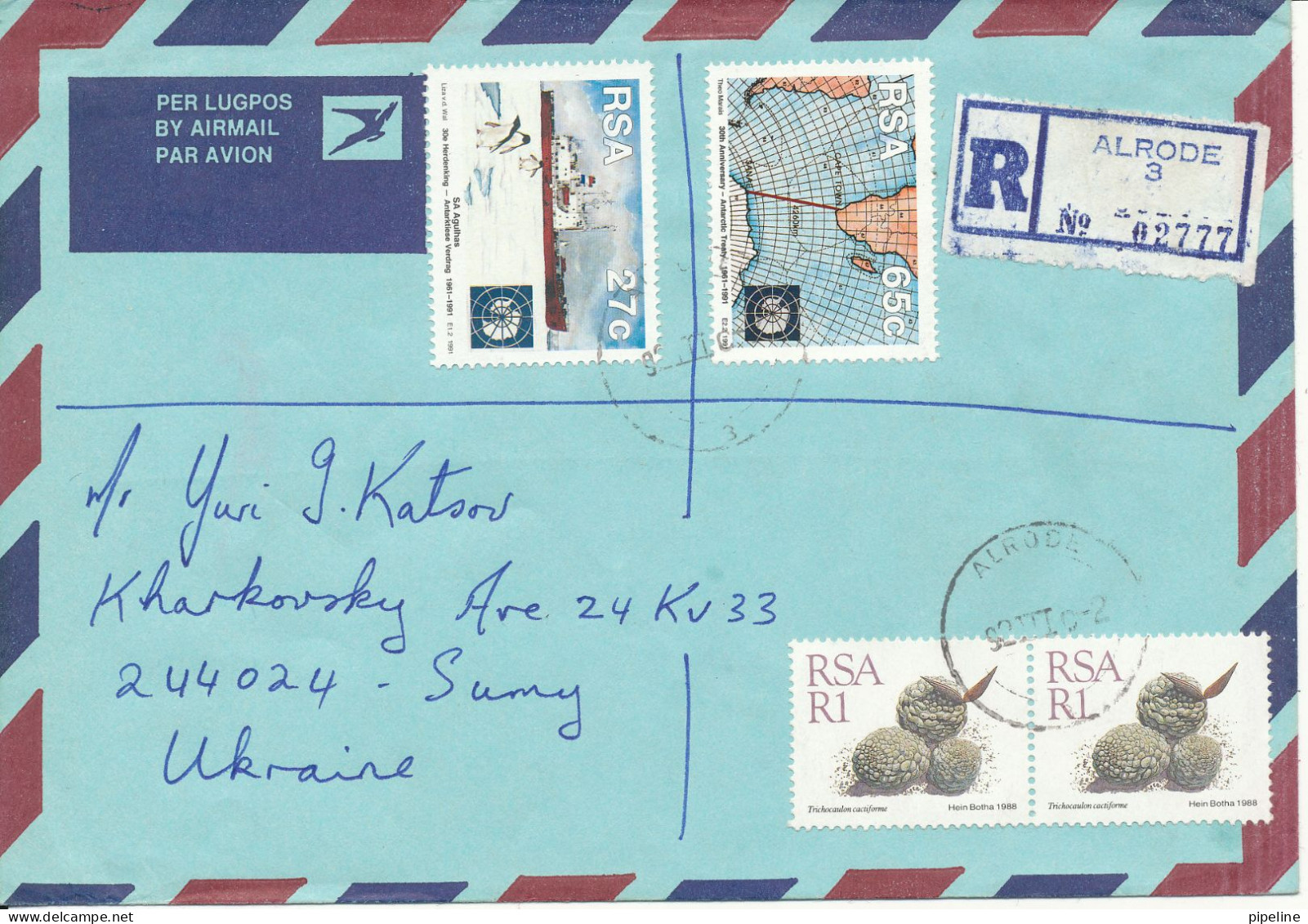 South Africa RSA Registered Air Mail Cover Sent To Ukraine 1992 - Brieven En Documenten