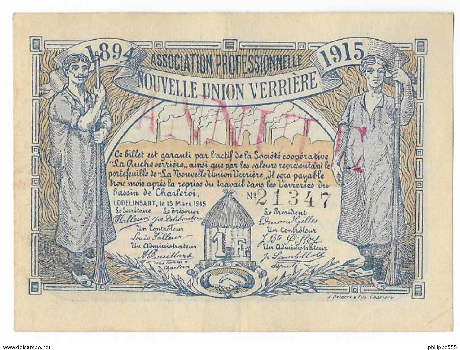 Noodgeld 1 Fr Lodelinsart 15 Mars 1915 - 1-2 Francs