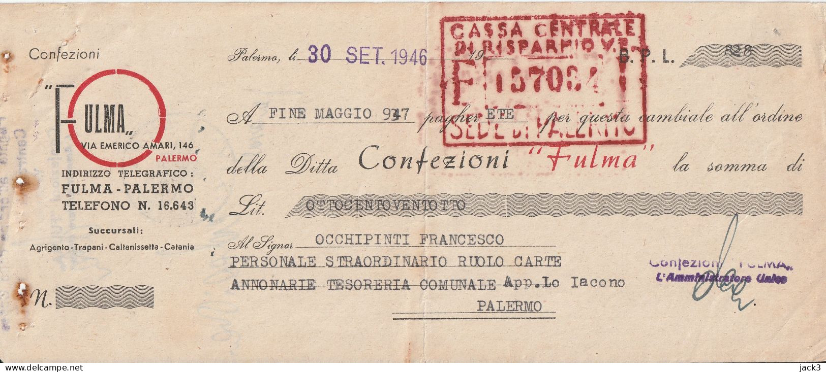 CAMBIALE - BANCO DI SICILIA - CAMBIALE CON TASSELLO PUBBLICITARIO - PALERMO  1946 - Chèques & Chèques De Voyage