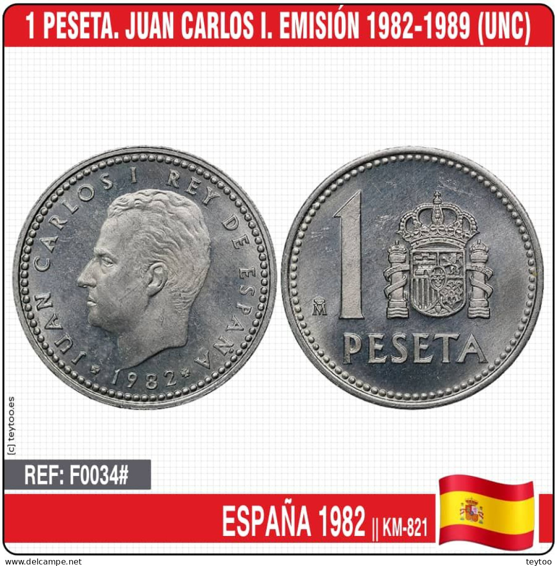 F0034# España 1982. 1 Pts. Juan Carlos I. Emisión 1982-1989 (UNC) KM-821 - 1 Peseta