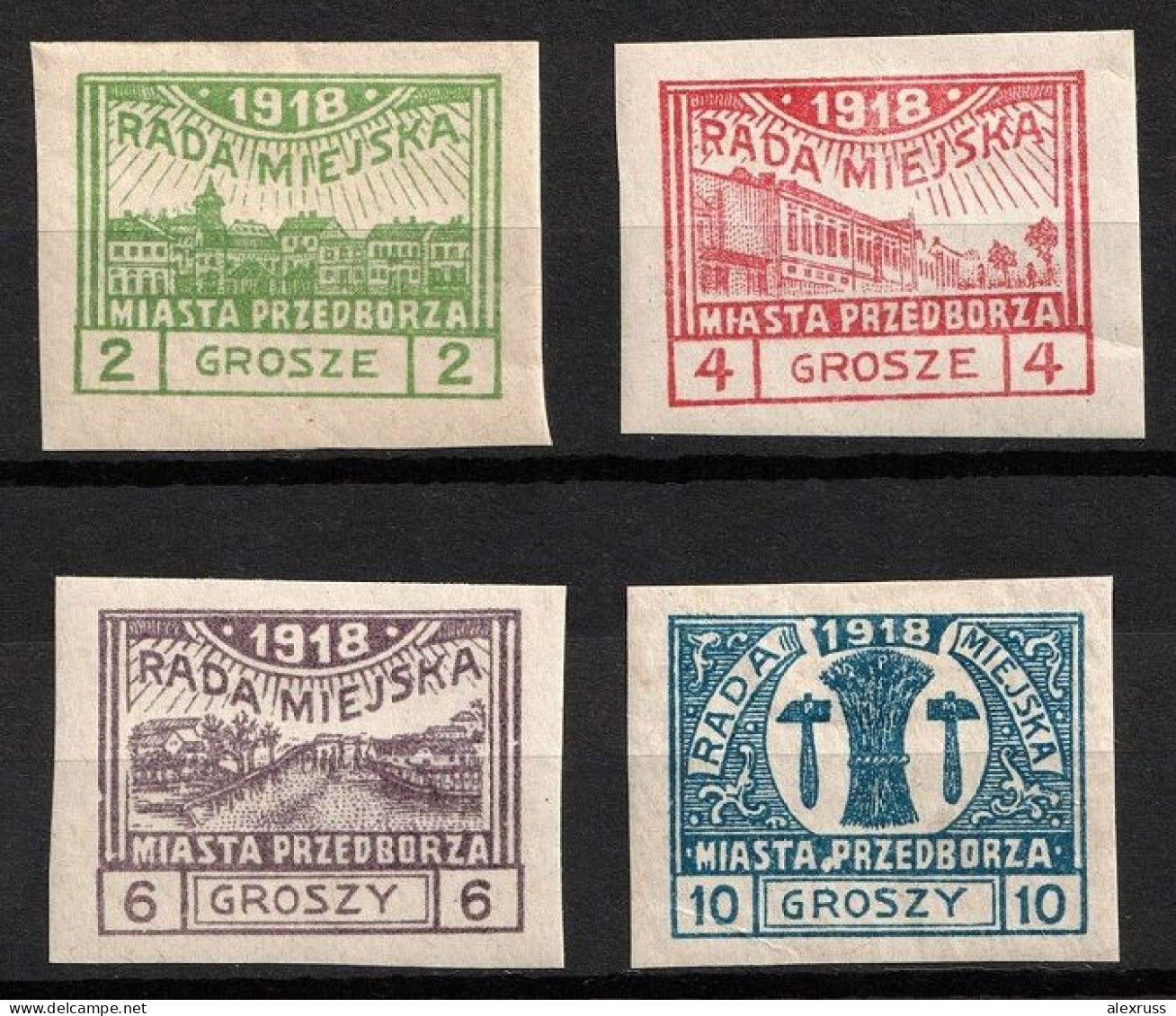 Poland 1918 Przedborz WW-I Local Provisional Issue Mi. 7B - 10B, VF MLH*, Value $240 - Neufs