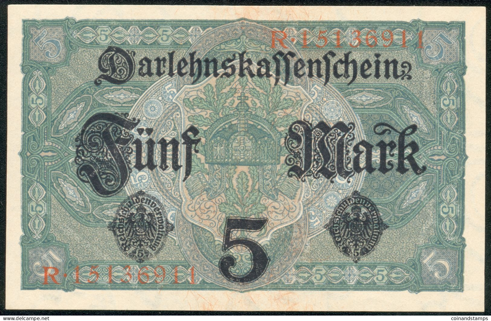 Deutsches Reich Darlehnskassenschein 5 Mark 1. Aug. 1917 Rote Kenn Nr.R15136911(8stellig) Rosenberg Nr.54c, I-II - 5 Rentenmark