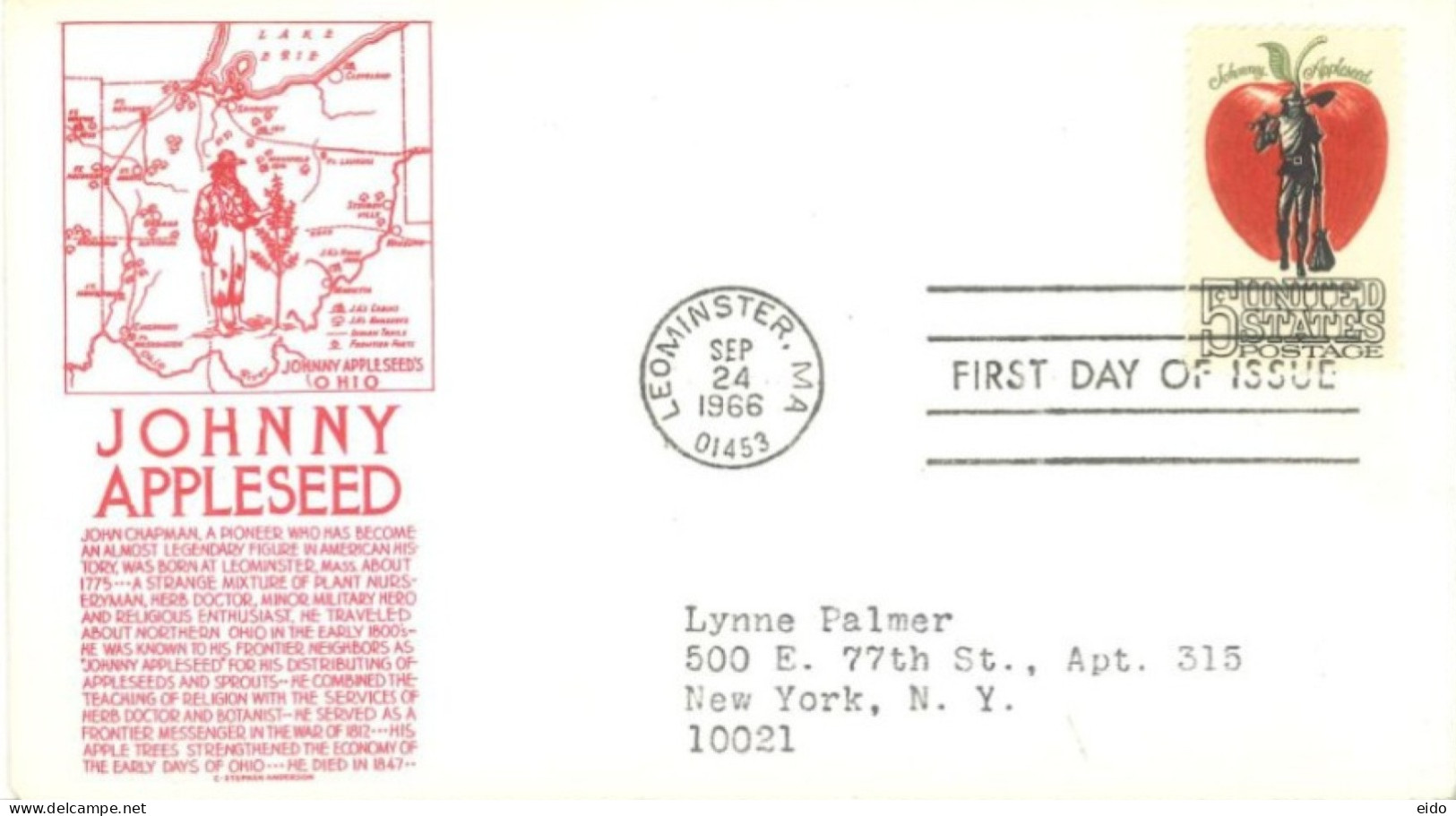 UNITED STATES. - 1966 - FDC STAMP OF JOHNNY APPLESEED SENT TO NEW YORK. - Lettres & Documents