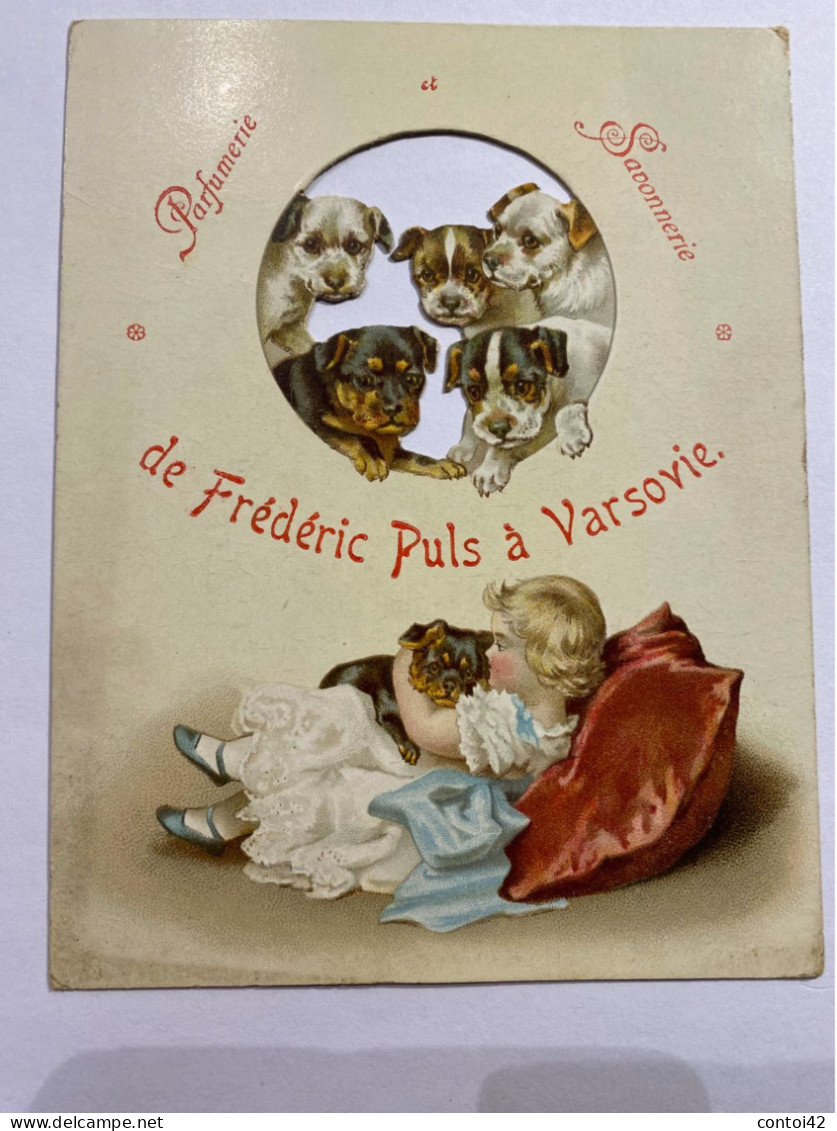 VARSOVIE PARFUMERIE SAVONNERIE FREDERIC PULS PUBLICITE ANCIENNE CARTON DECOUPIS CHIENS ENFANT PARFUMS  POLOGNE - Andere & Zonder Classificatie