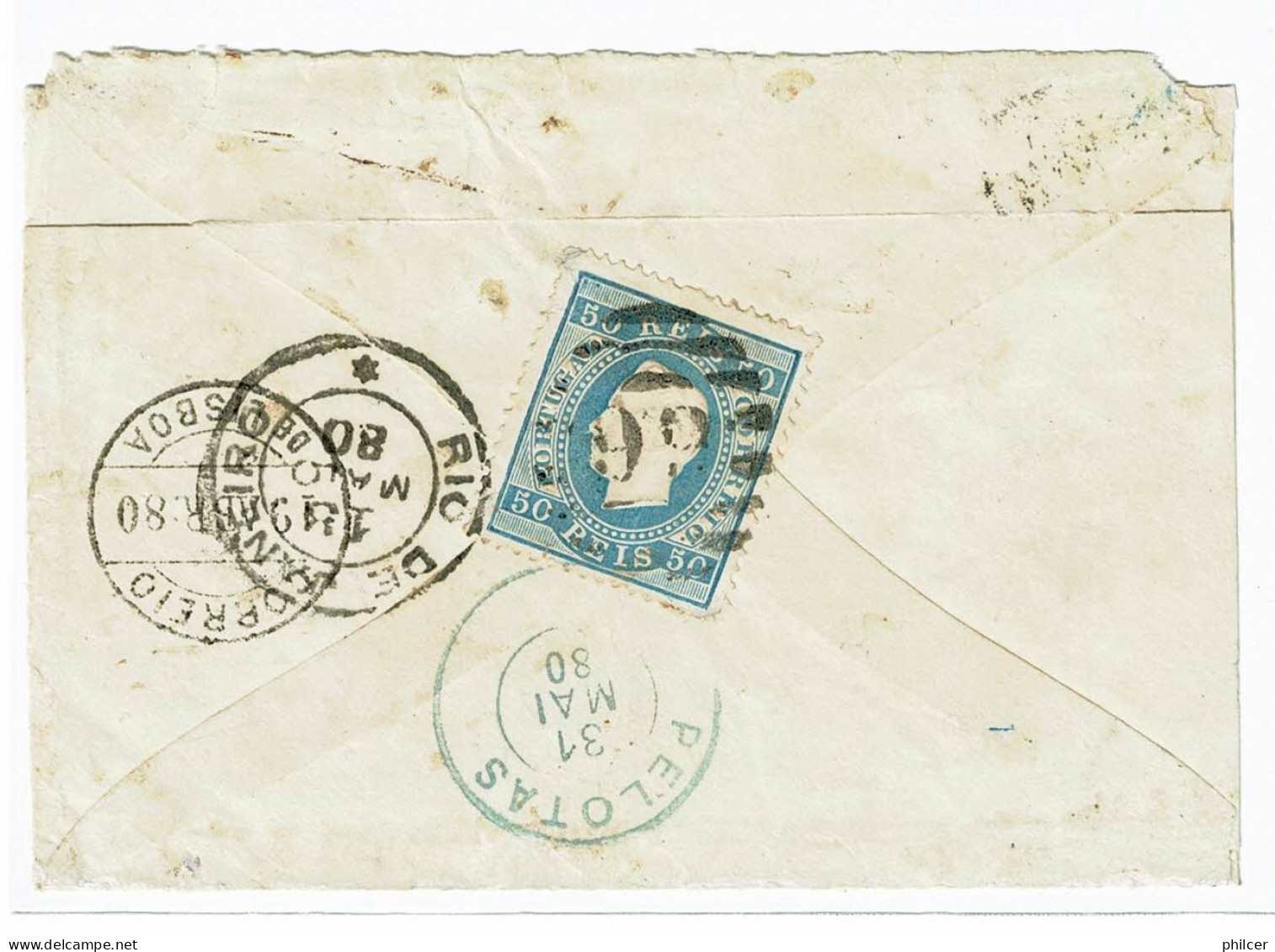 Portugal, 1880, # 50c Dent. 13 1/2, For Pedras Altas, Brazil - Storia Postale