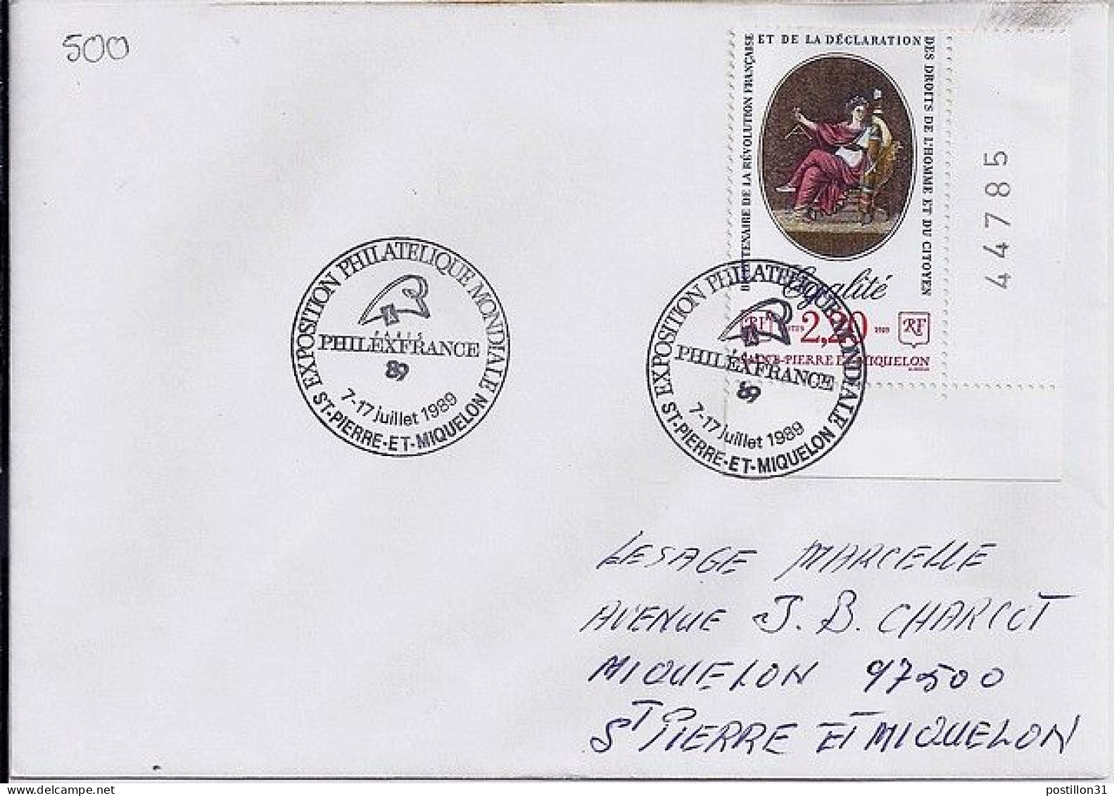 SPM N° 500 S/L DE ST PIERRE/PHILEXFRANCE/7-17.07.89 - Lettres & Documents