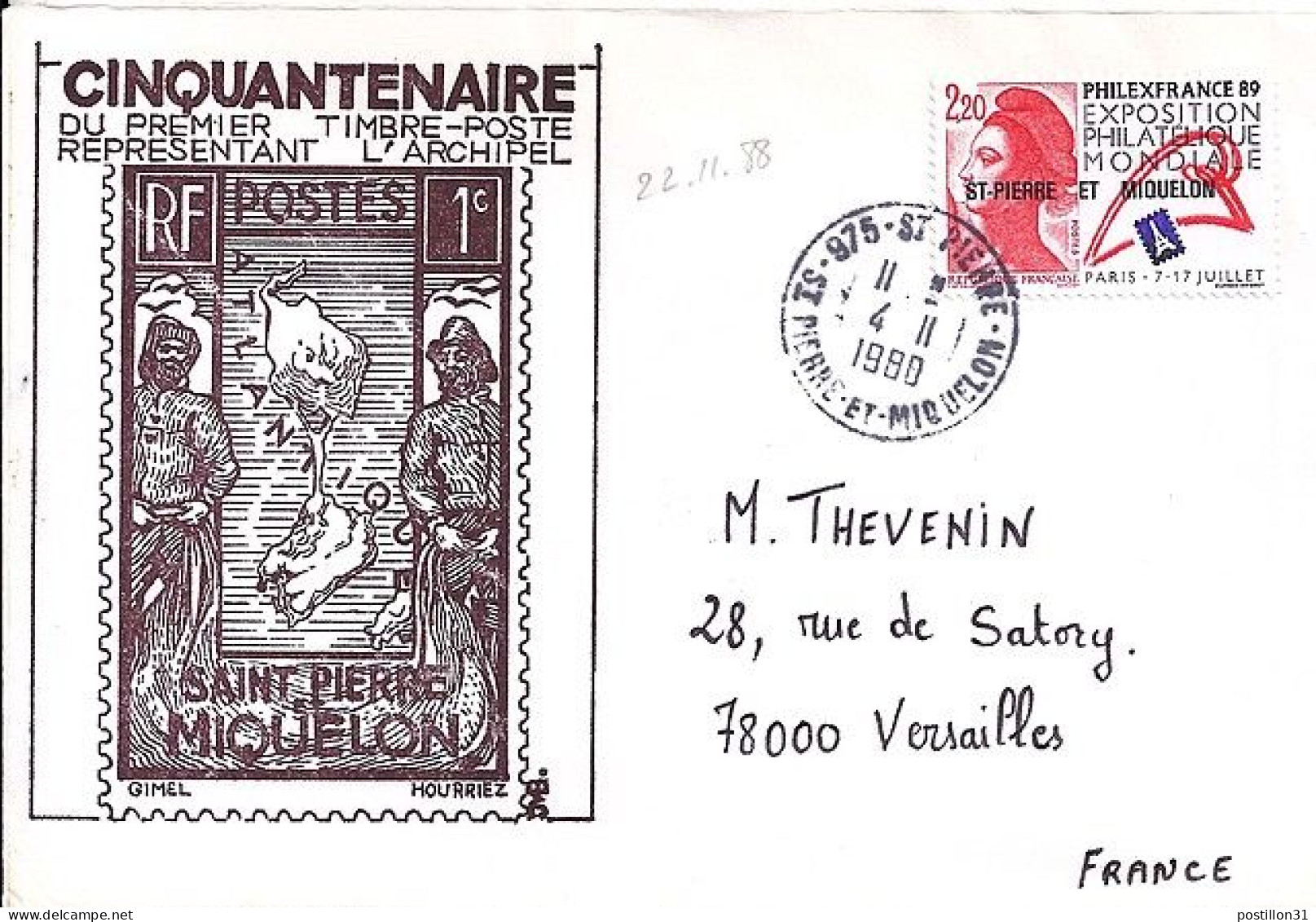 SPM N° 489 S/L. DE ST PIERRE/4.11.88 POUR LA FRANCE - Lettres & Documents