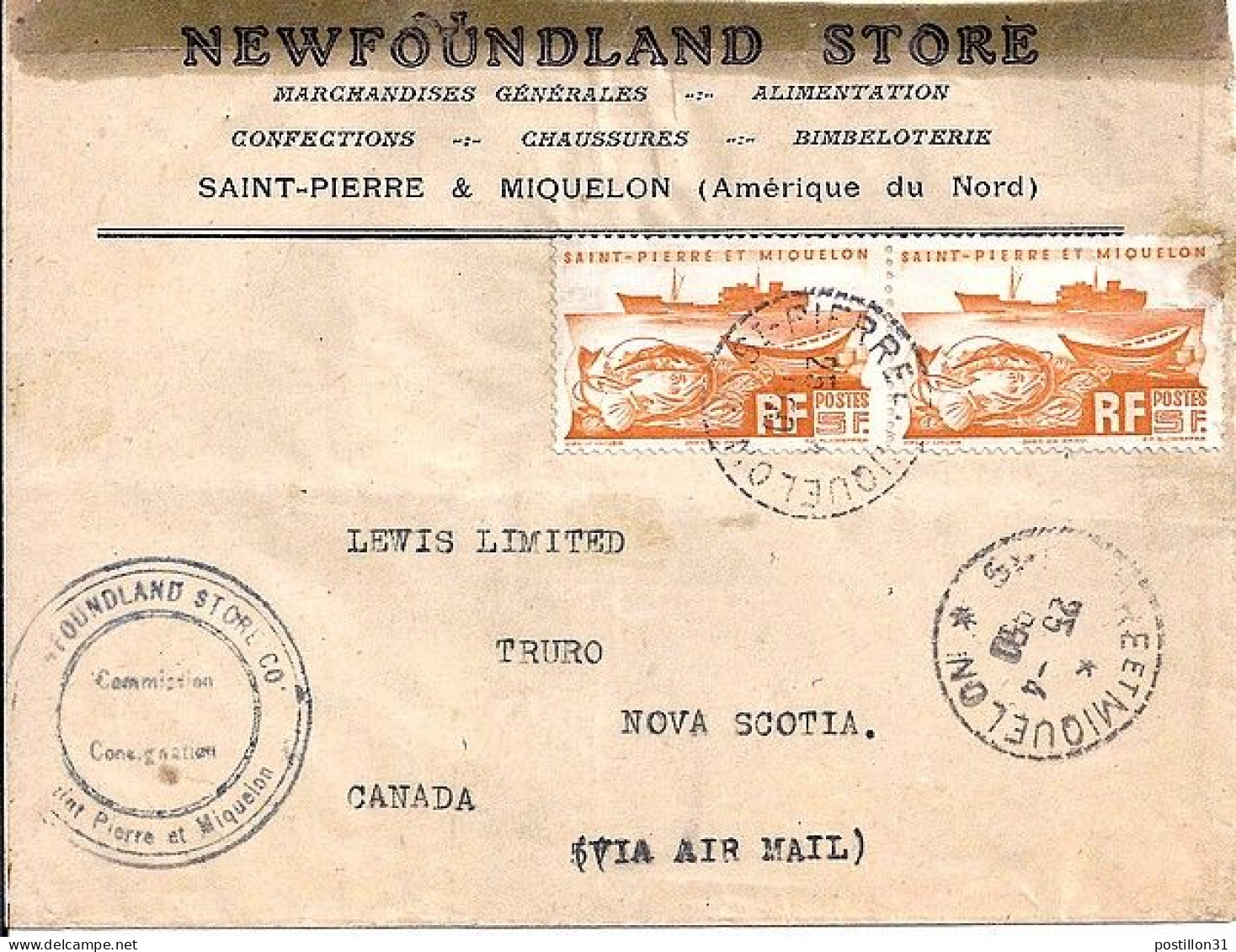 SPM N° 338x2 S/L.DE ST PIERRE ET MIQUELON/25.4.50  POUR LE CANADA - Lettres & Documents