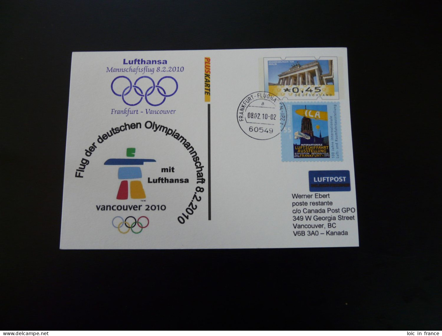 Entier Postal Pluskarte Stationery Premier Vol First Flight Frankfurt -> Vancouver Olympic Games Lufthansa 2010 - Privatumschläge - Gebraucht