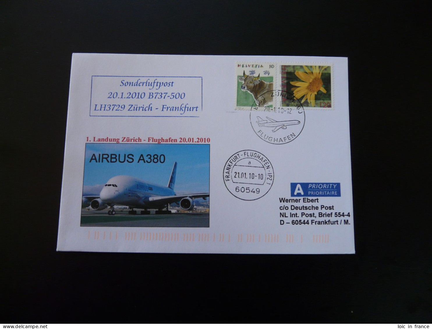 Lettre Cover Landing Of Airbus A380 In Zurich Flown On Flight Zurich Frankfurt Lufthansa 2010 - Lettres & Documents