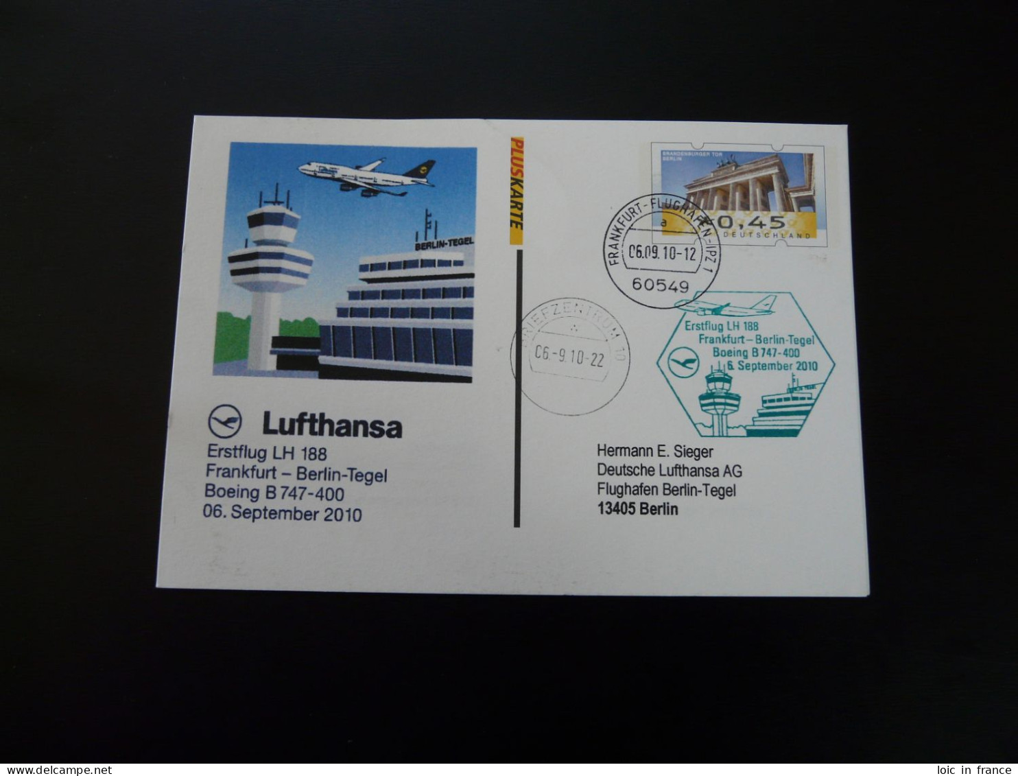 Entier Postal Pluskarte Stationery Premier Vol First Flight Frankfurt Berlin Boeing 747 Lufthansa 2010 - Privatumschläge - Gebraucht