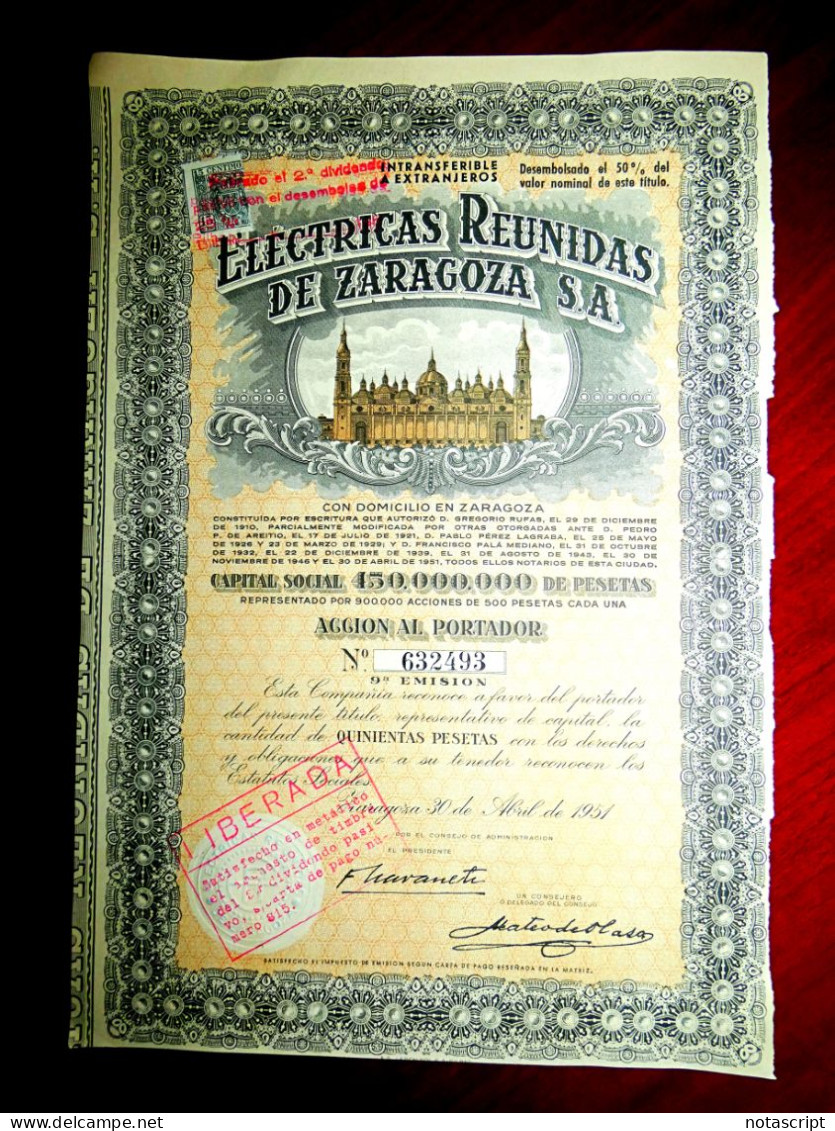 Eléctricas Reunidas De Zaragoza SA Share Certificate Spain 1951 - Electricidad & Gas