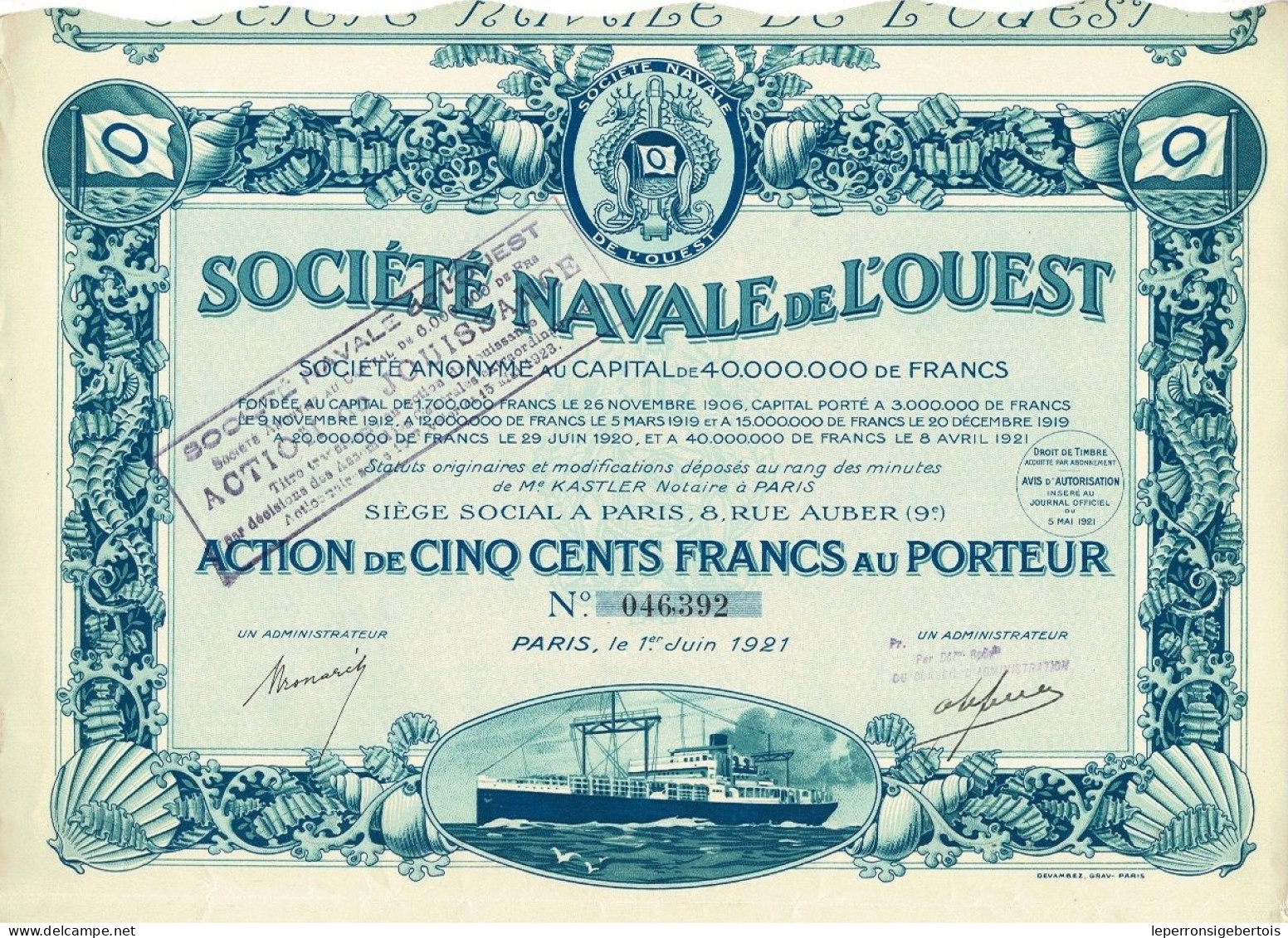 Titre De 1921 - Société Navale De L' Ouest - Belle Déco - Scheepsverkeer
