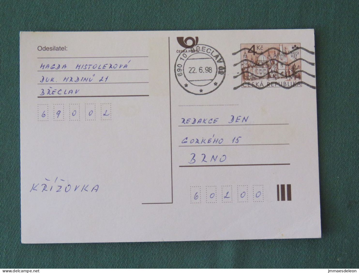 Czech Republic 1998 Stationery Postcard 4 Kcs "Prague 1998" Sent Locally - Briefe U. Dokumente