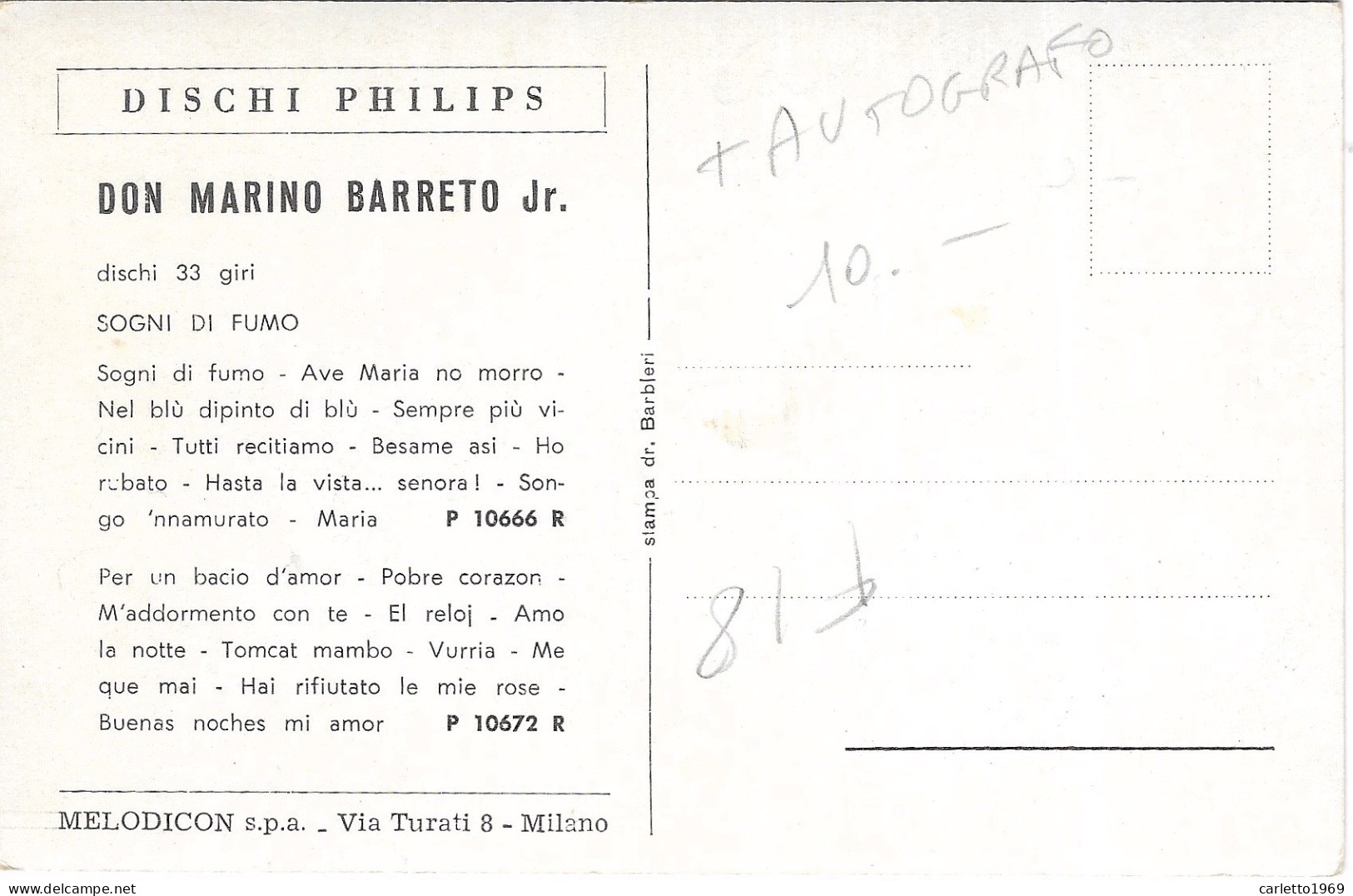 CANTANTE  DON MARINO BARRETO JR AUTOGRAFO NV FG DISCHI PHILIPS- - Cantantes Y Musicos