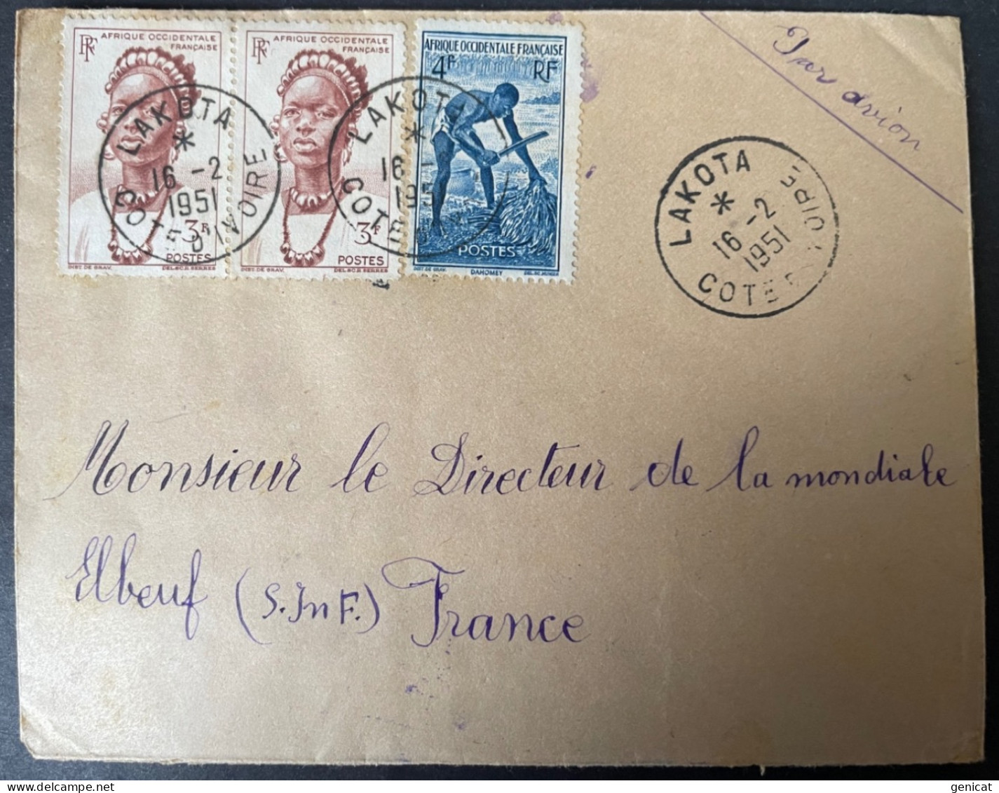Cote D'Ivoire Lettre De Lakota 1951  Pour Elbeuf - Covers & Documents
