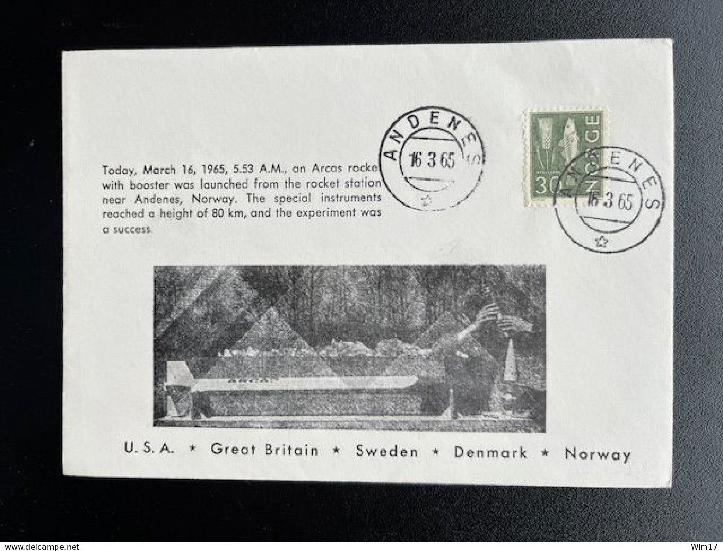 NORWAY NORGE 1965 SPECIAL COVER ARCAS ROCKET LAUNCH ANDENES 16-03-1965 NOORWEGEN SPACE - Covers & Documents