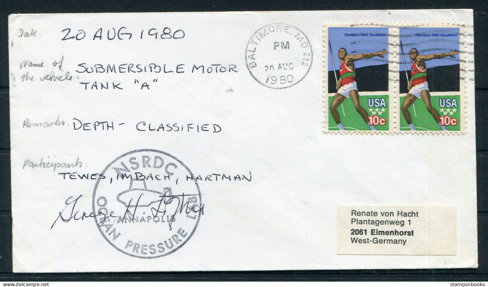 1980 USA Baltimore NSRDC Ocean Pressure Lab Signed Cover  - Storia Postale