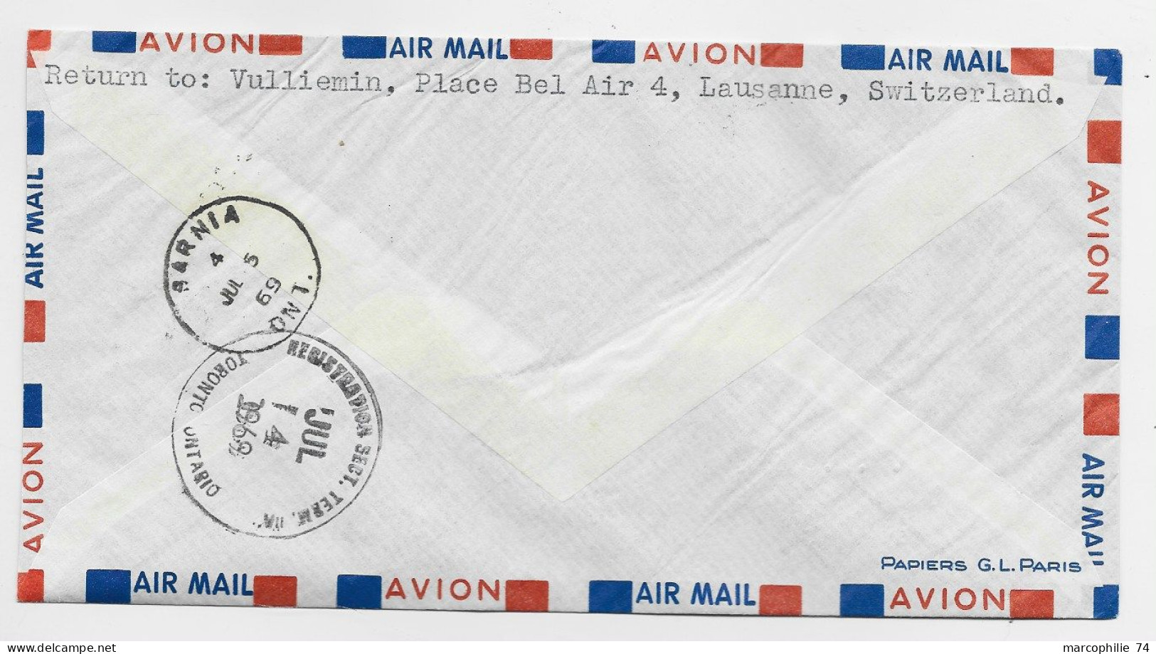 BLASON 25C+20C ST LO +TABLEAU 1FR BANDE DE 3 LETTRE REC AVION PARIS 2.7.1969 POUR LE CANADA - 1941-66 Armoiries Et Blasons