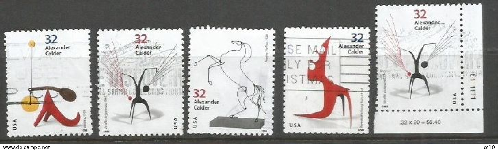 USA 1998 Alexander Calder SC.#3198/3202 - Cpl  5v Set GOOD USED Incl. #3202 With Sheet Corner + Plate Number - Collections