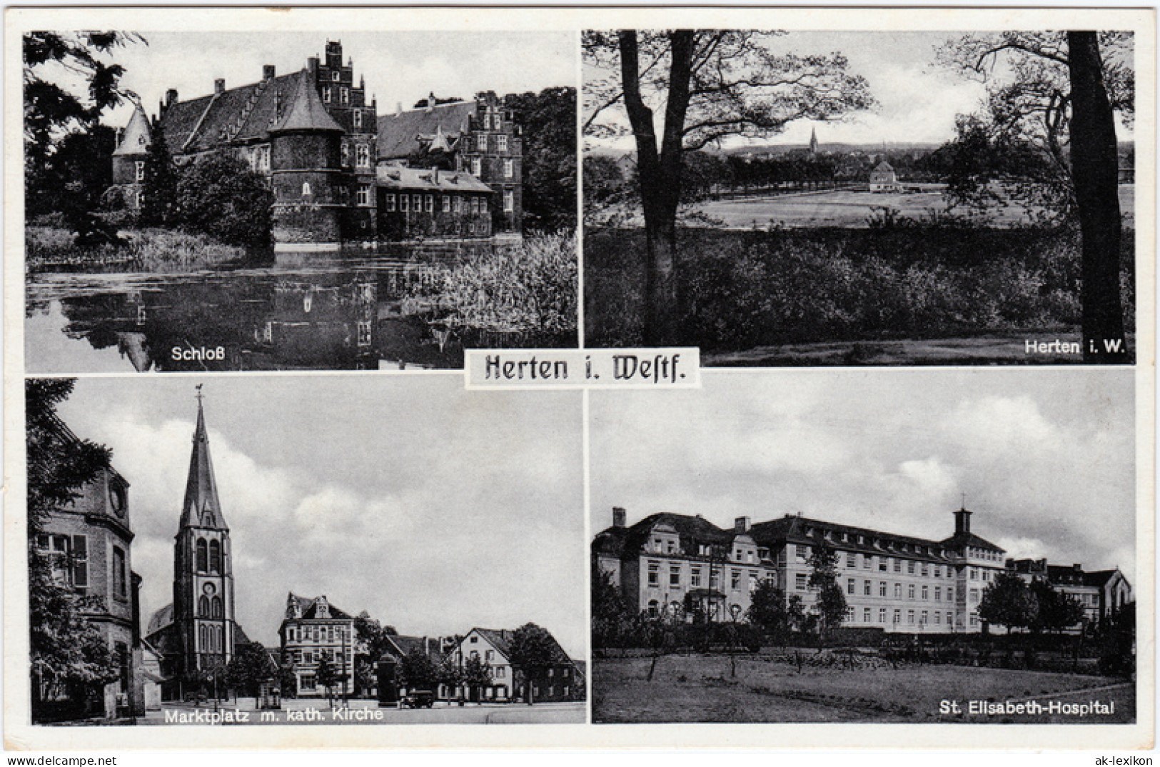 Herten (Westfalen) 4 Bild: Schloß, Panorama, Markt, Hospital 1952  - Herten
