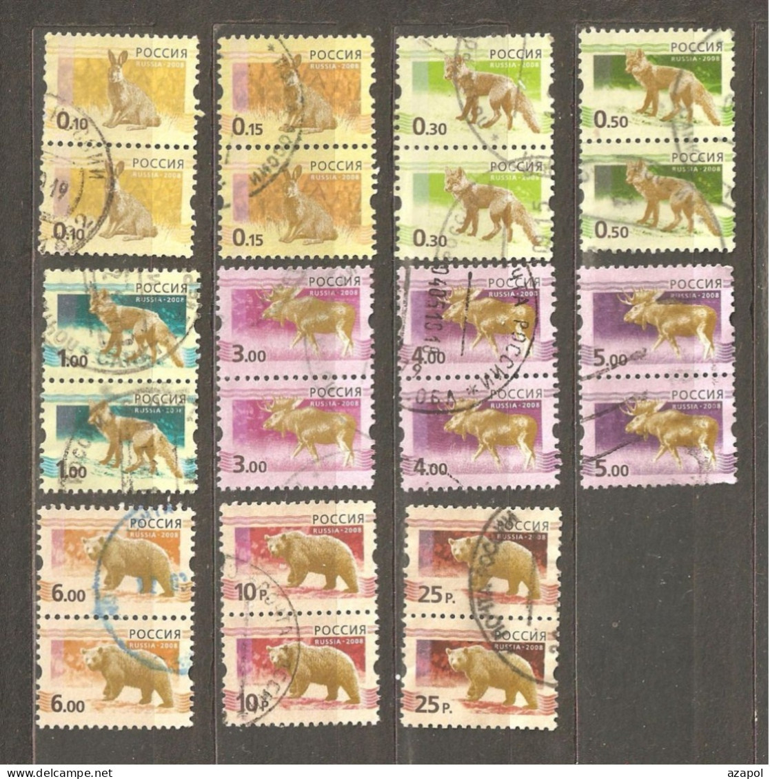 Russia: 14 Used Definitive Stamps In Pairs, Wild Animals, 2008, Mi#1482-96 - Oblitérés