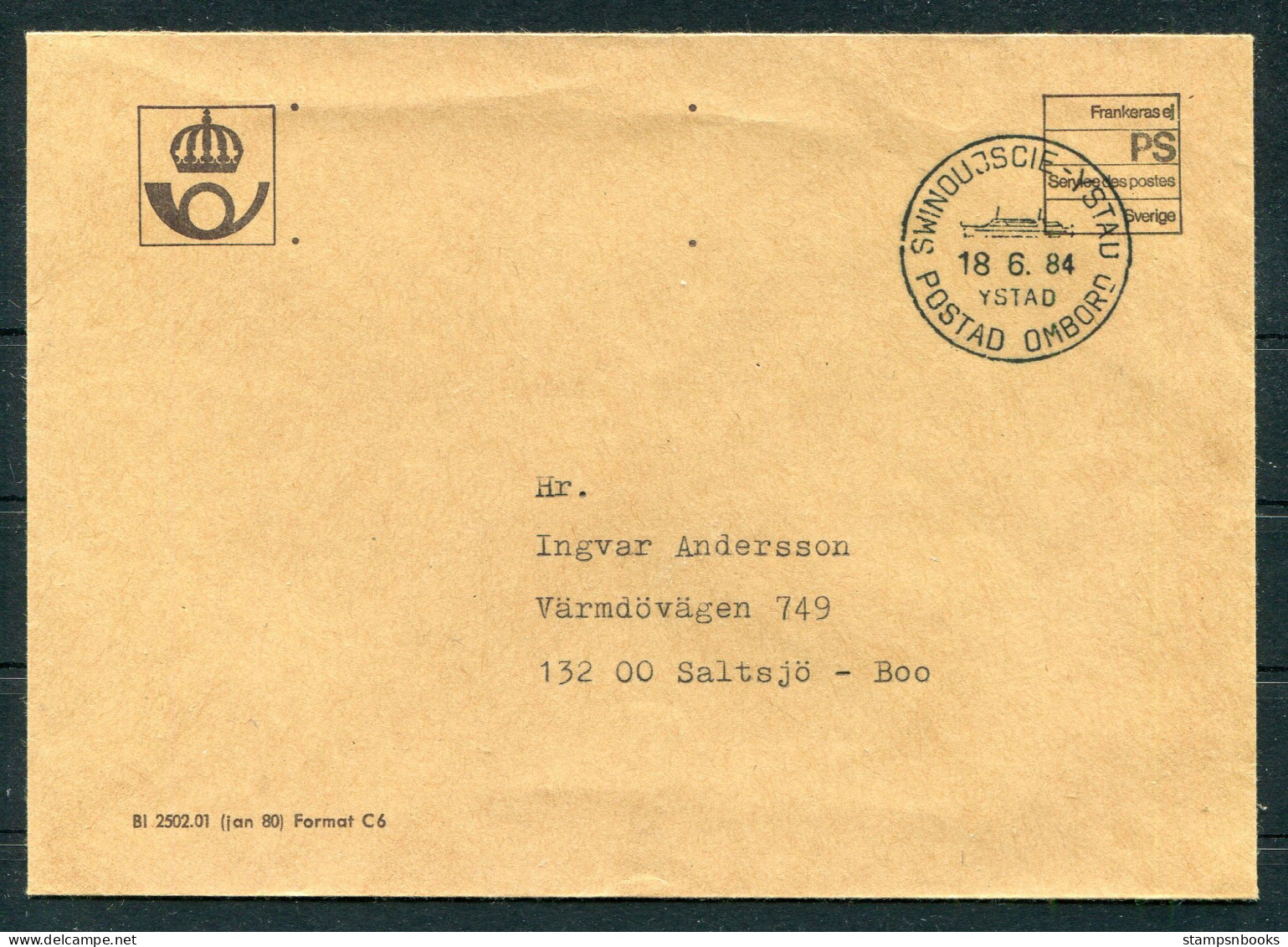 1984 Sweden Ystad Posted On Board Ship Cover - Lettres & Documents