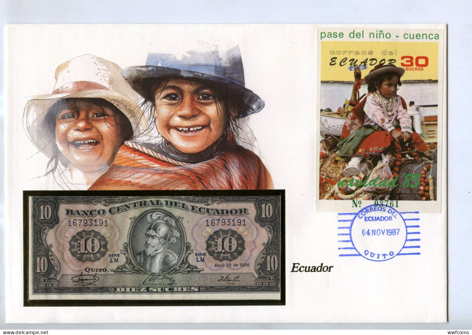 GIANT POSTCARD COMMEMORATIVE EQUADOR PASE DEL NINO CUENCA FIRST DAY ISSUE FDS UNC - Equateur