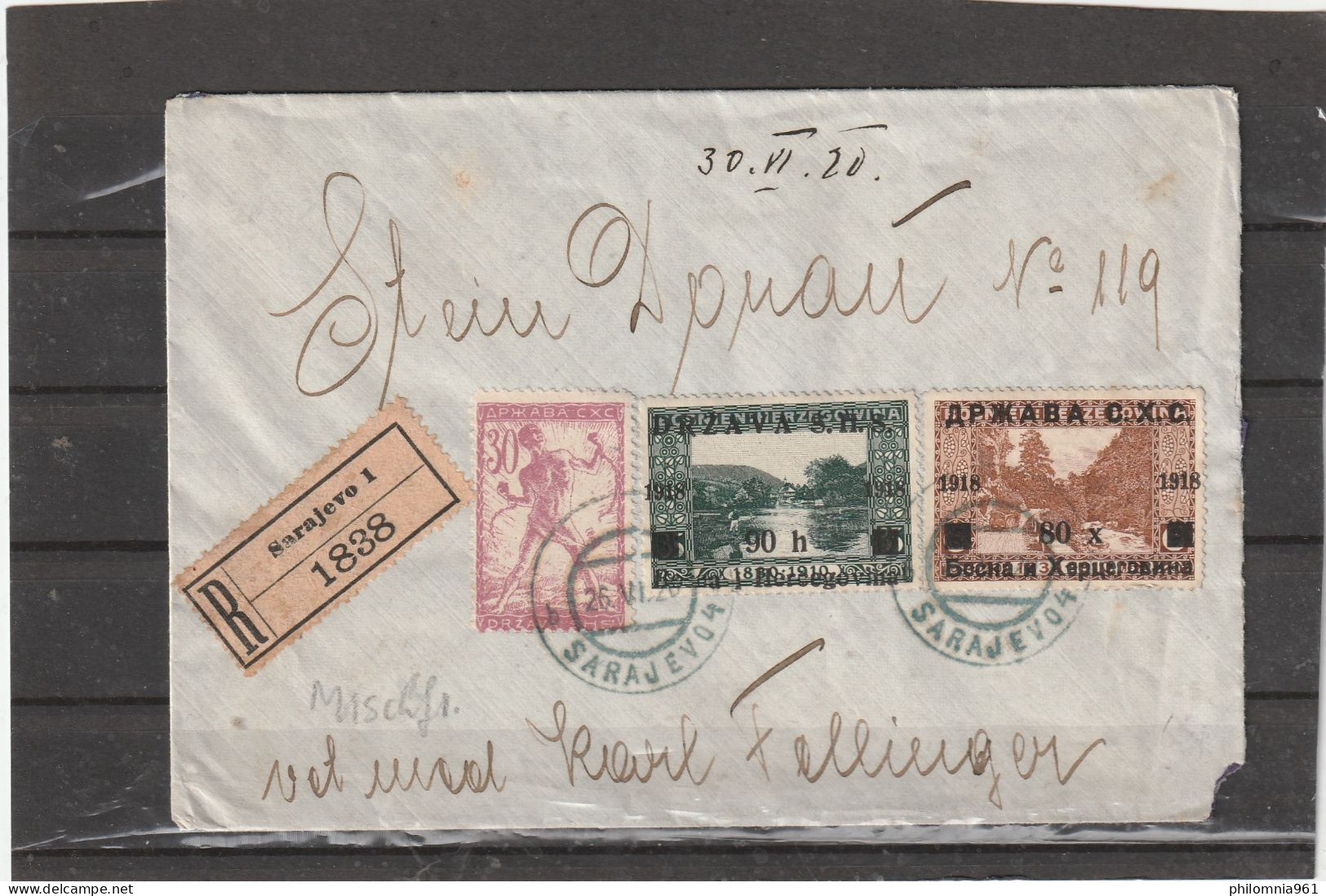 Yugoslavia REGISTERED COVER CHAINBREAKER Sarajevo 1920 - Brieven En Documenten