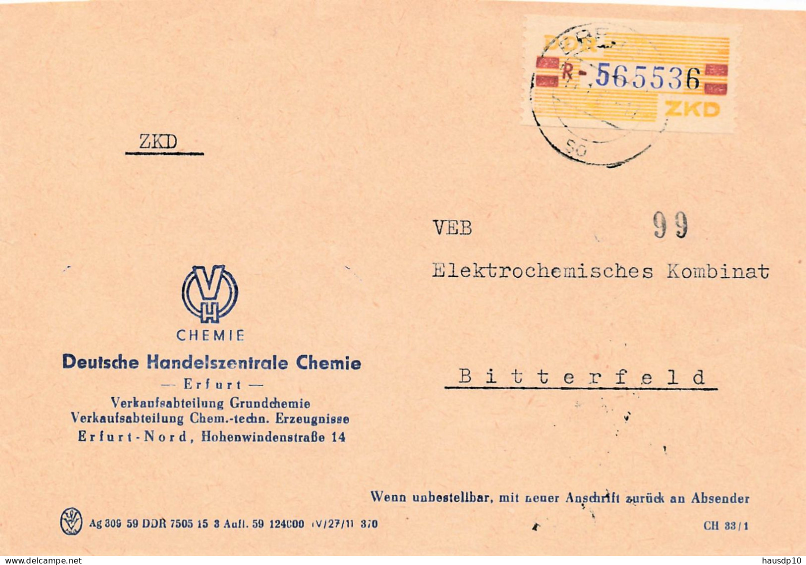 DDR Brief Dienst EF Deutsche Handelszentrale Chemie Erfurt 1960 - Lettres & Documents