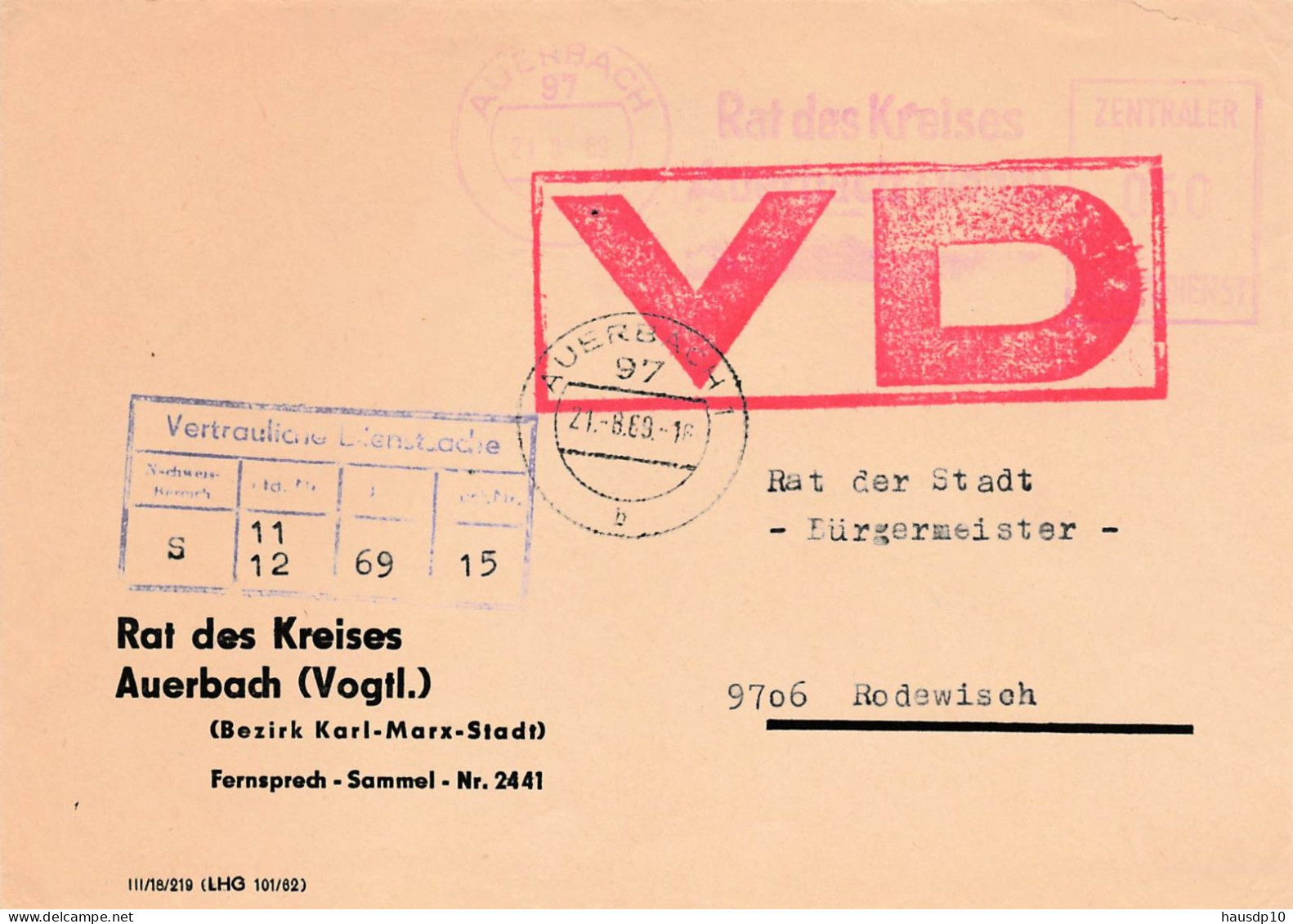 DDR Brief Dienst VD Afs Rat Des Kreises Auerbach 1969 N. Rodewisch - Covers & Documents