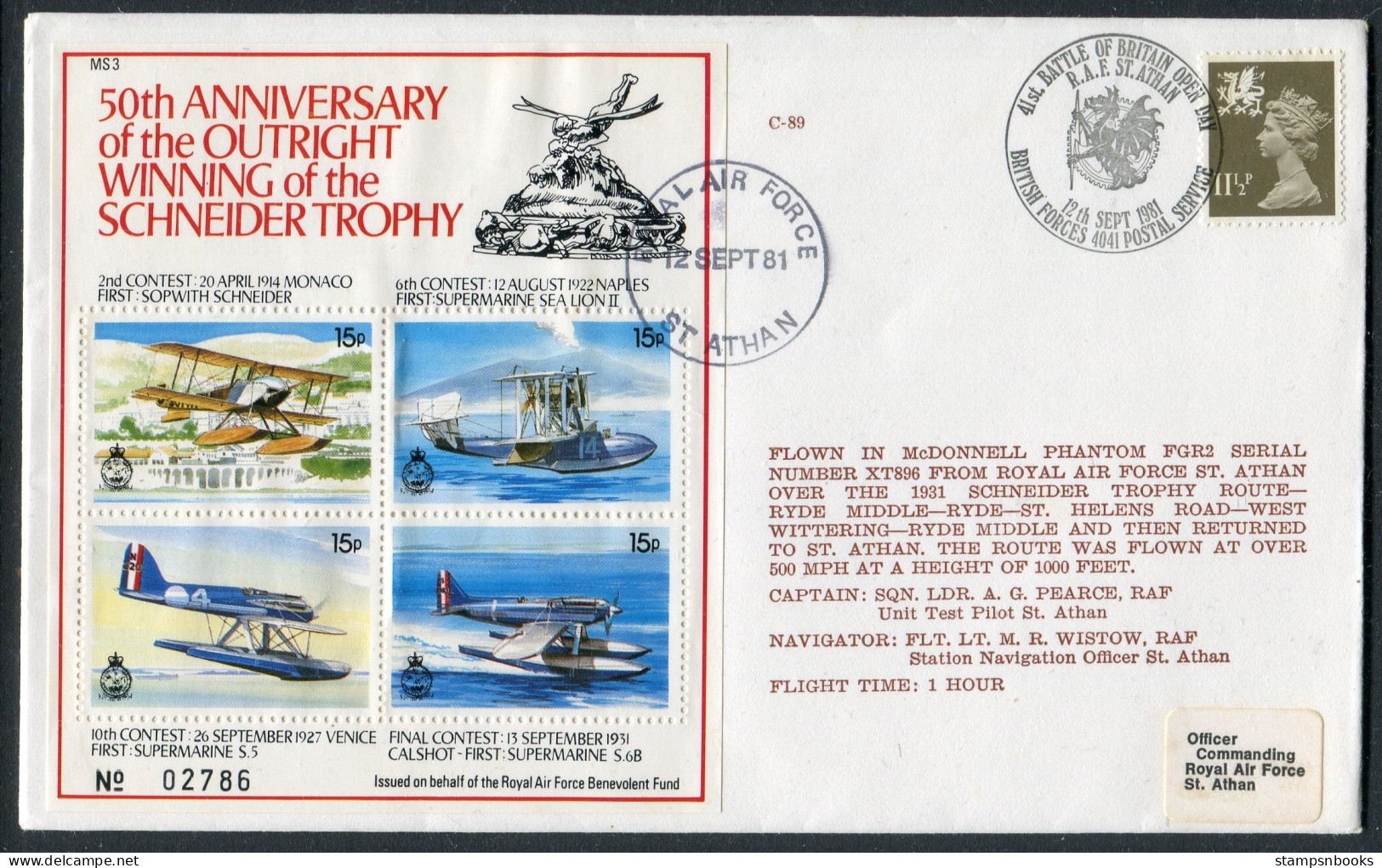 1981 GB Battle Of Britain R.A.F. St Athan Wales, Schneider Trophy Monano Naples Venice Cover - Lettres & Documents