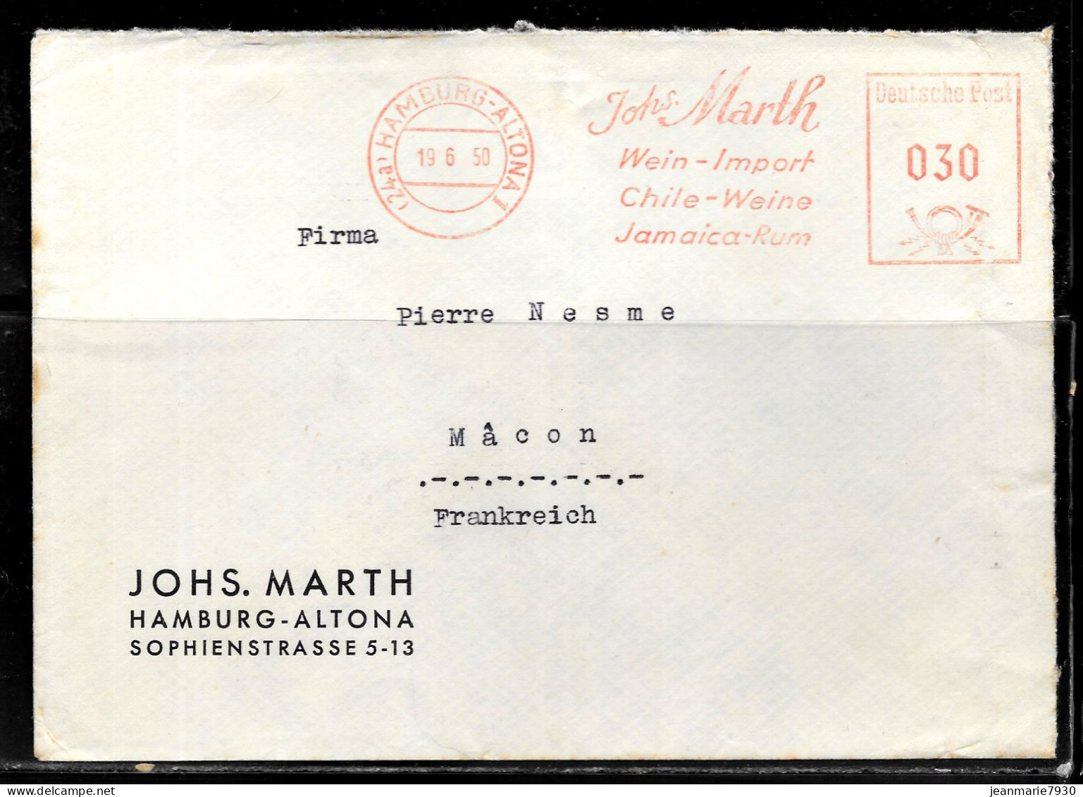 N285 - ALLEMAGNE - LETTRE DE HAMBOURG DU 19/06/1950 POUR MACON FRANCE - Maschinenstempel (EMA)