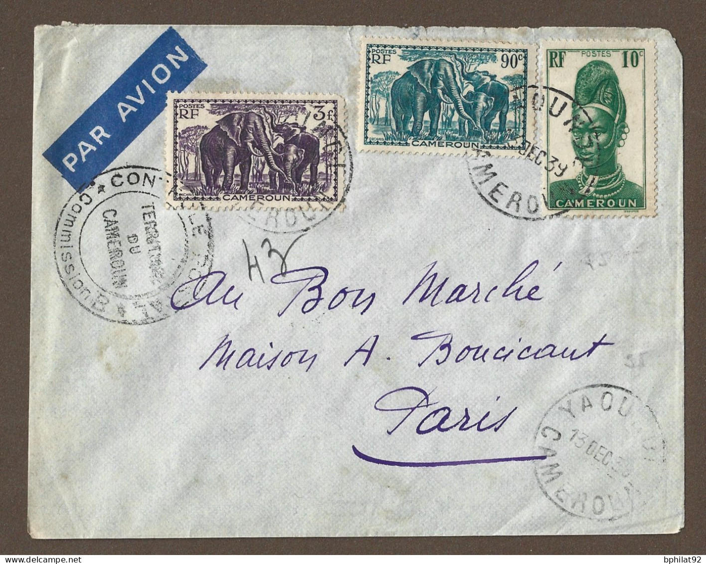 !!! CAMEROUN, LETTRE PAR AVION POUR PARIS AVEC CACHET DE YAOUNDE ET MARQUE DE CONTRÔLE POSTAL, DU 13 DÉCEMBRE 1939 - Poste Aérienne