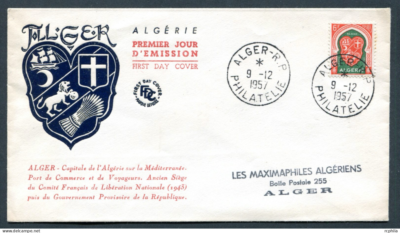 RC 27060 ALGERIE 1957 ARMES DE LA VILLE D' ALGER FDC 1er JOUR - TB - FDC