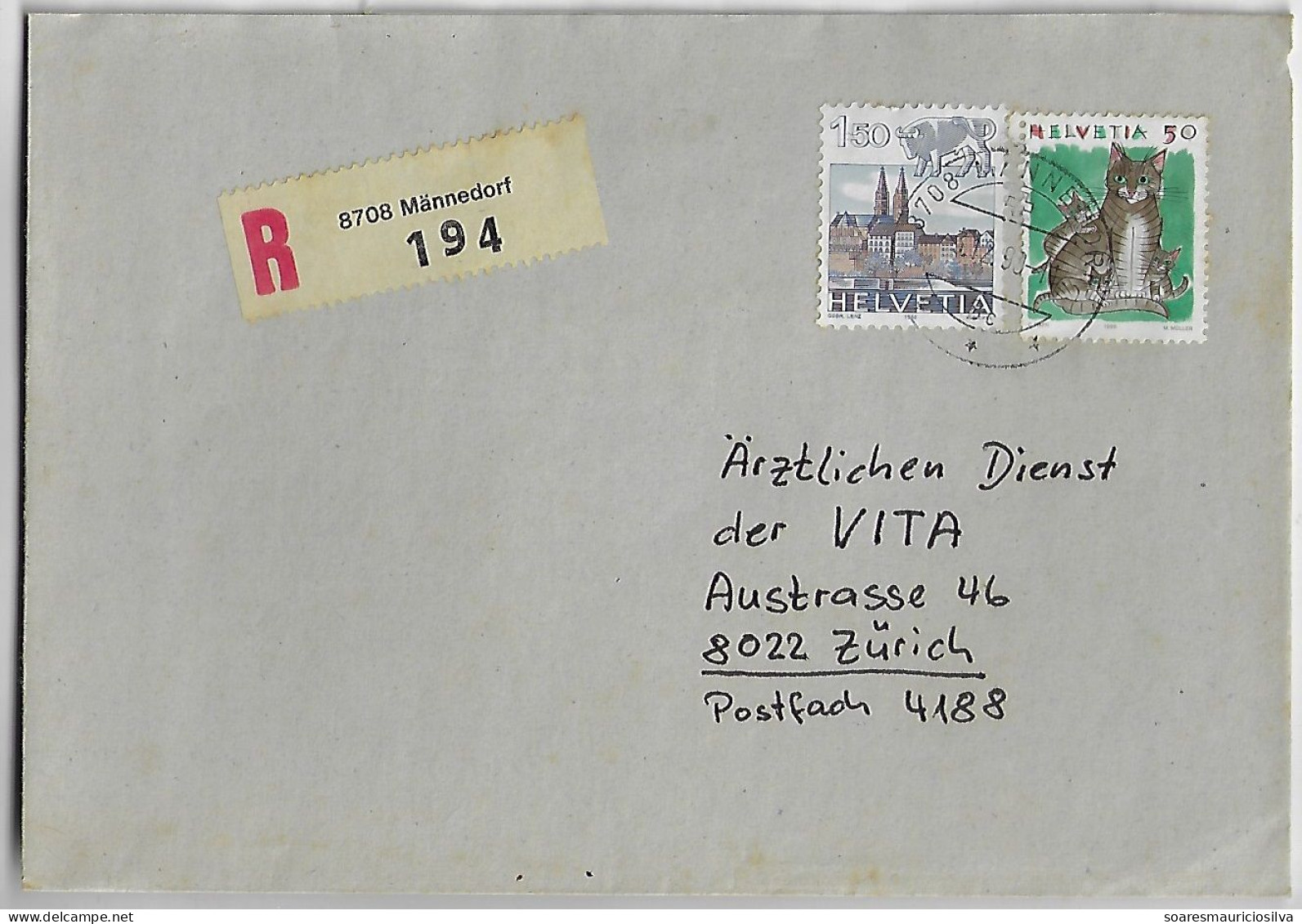 Switzerland 1990 Registered Cover Sent From Mämmedorf To Zurich Stamp Zodiac Sign Taurus & Basel Cathedral Domestic Cat - Covers & Documents