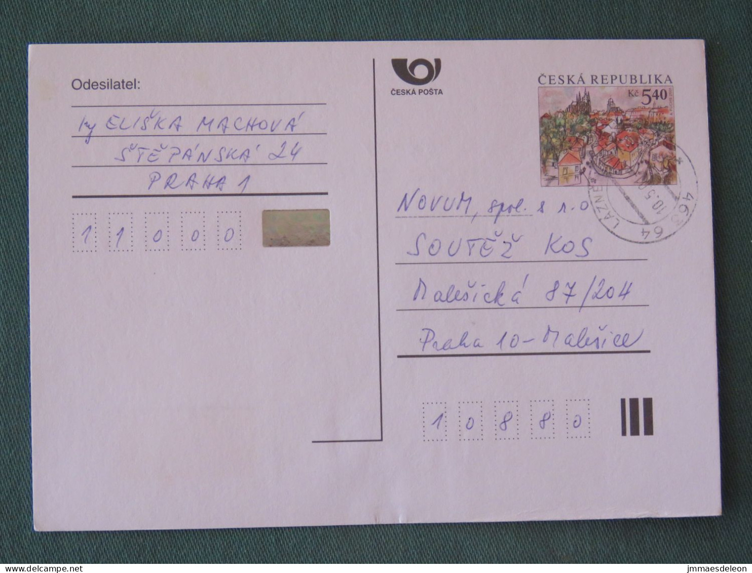 Czech Republic 2001 Stationery Postcard 5.40 Kcs Prague Sent Locally - Brieven En Documenten